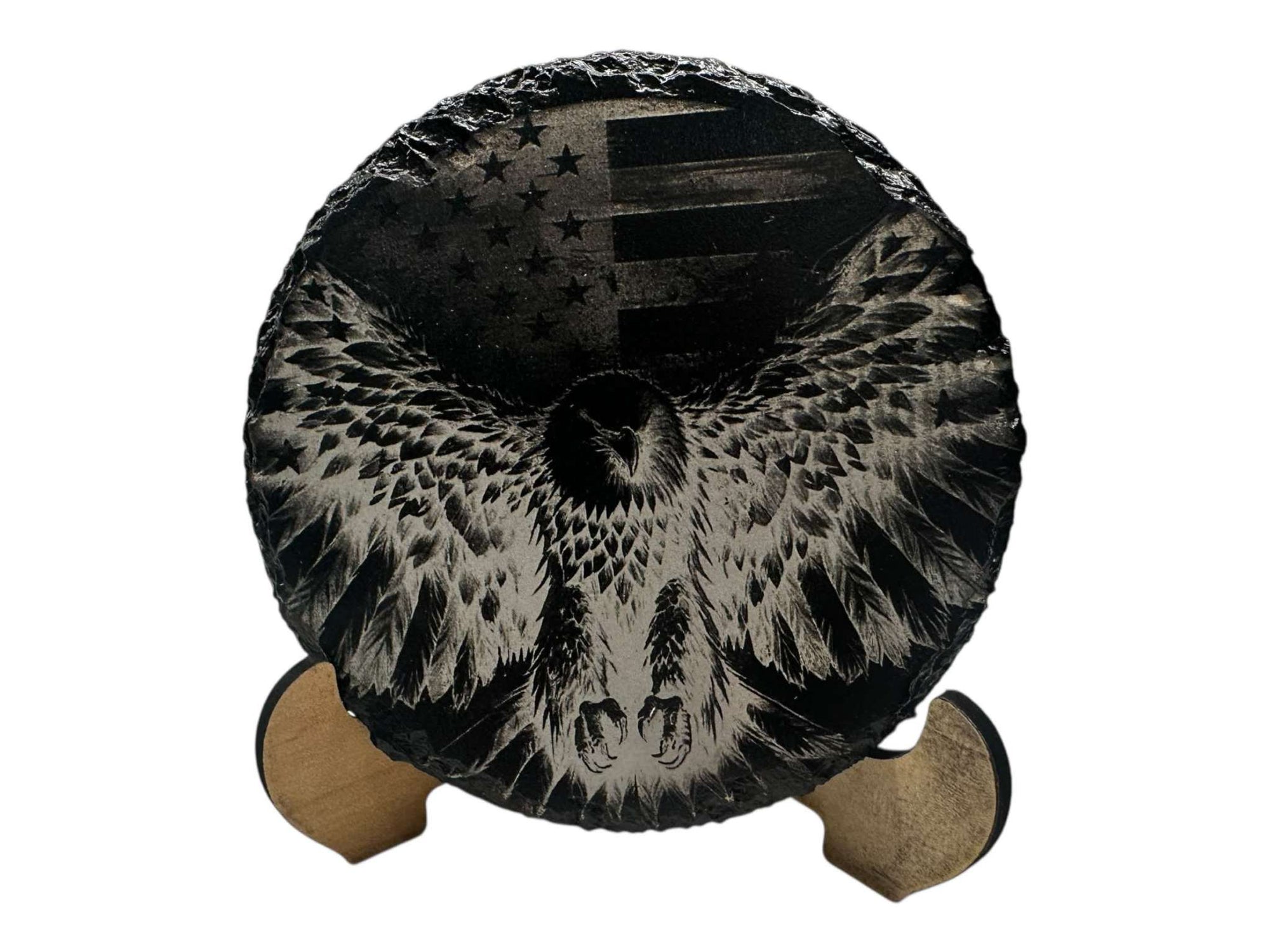 Hand-painted slate coaster with eagle design, round, black and white greyscale art, 100mm.