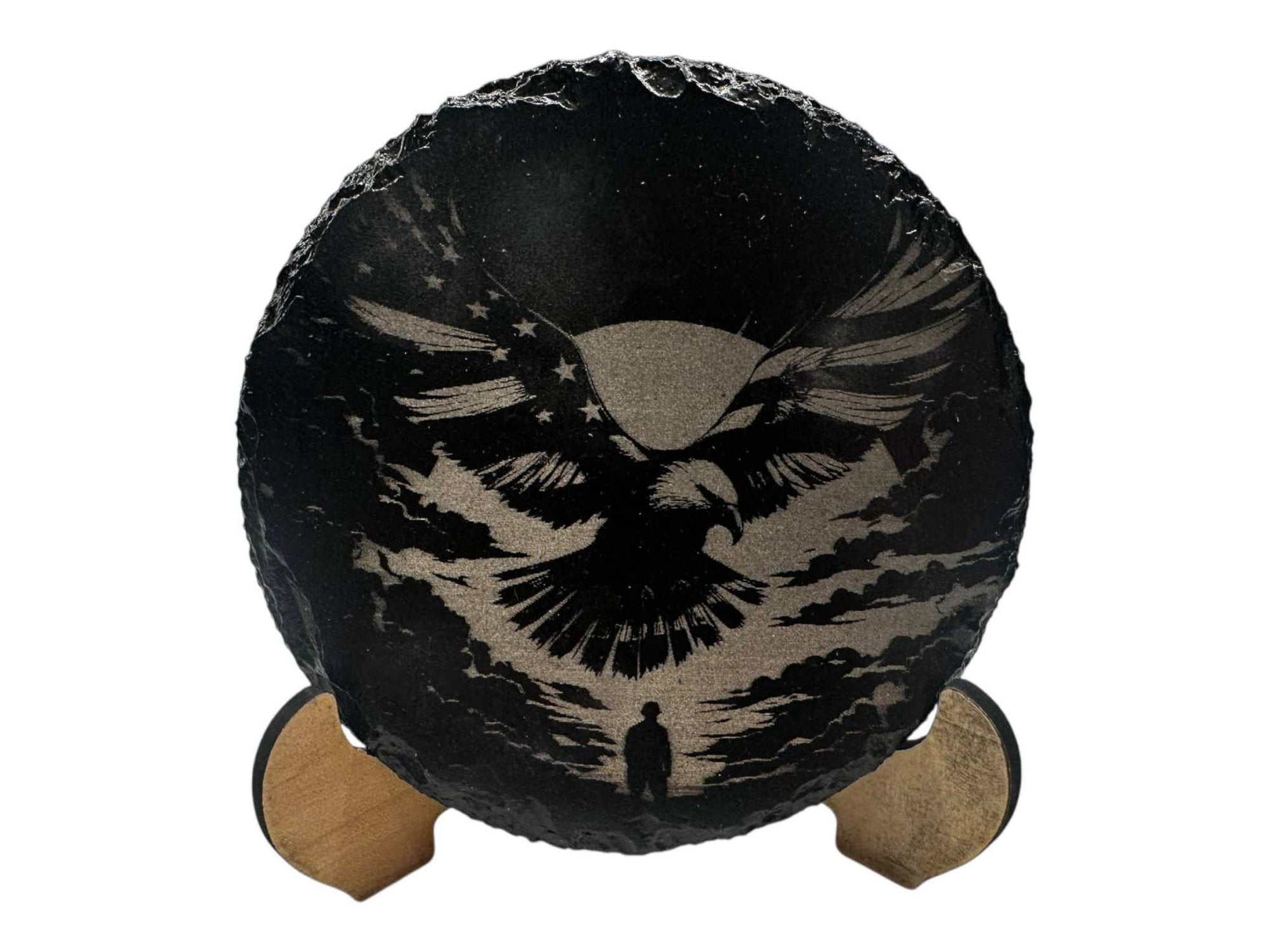 Hand-painted black and white slate coaster with bird art design standing on a wooden holder.