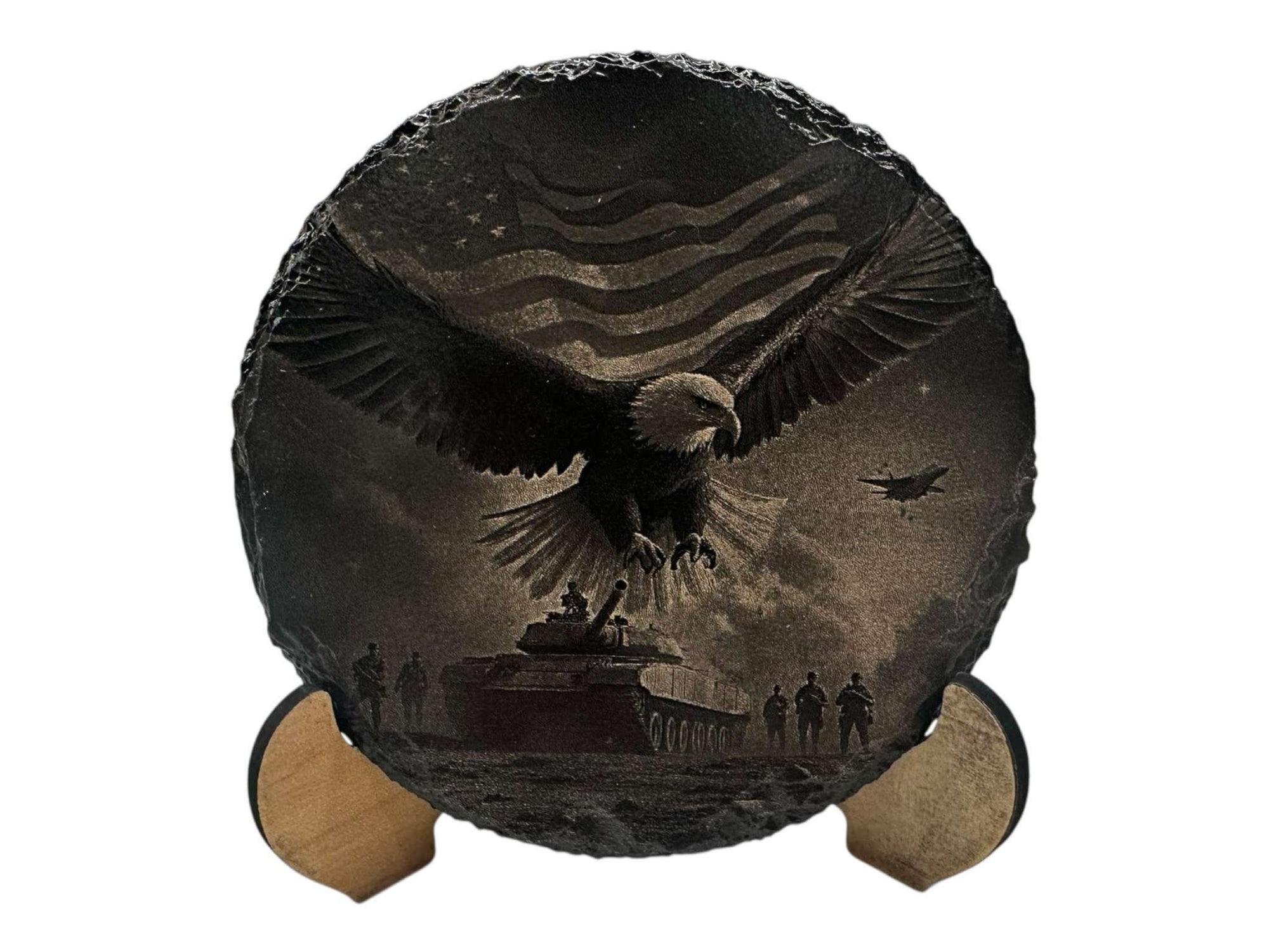 Round hand-painted slate coaster with black and white greyscale eagle and flag design.