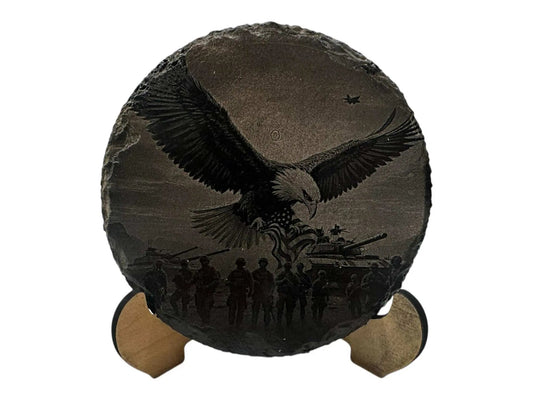 Hand-painted round slate coaster with eagle design in black and white greyscale.