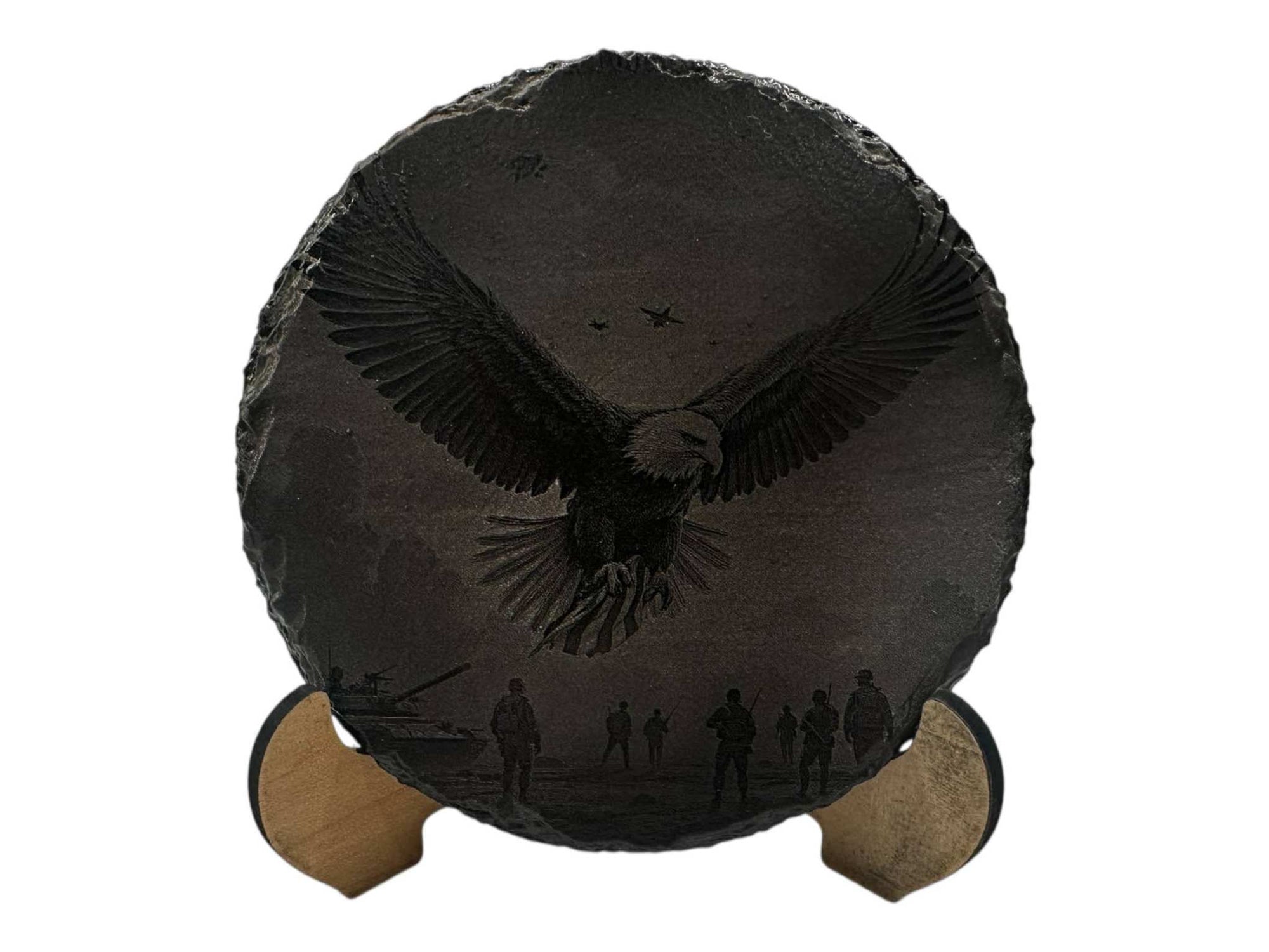 Hand-painted slate coaster with eagle design in greyscale art, round shape, 100mm diameter.