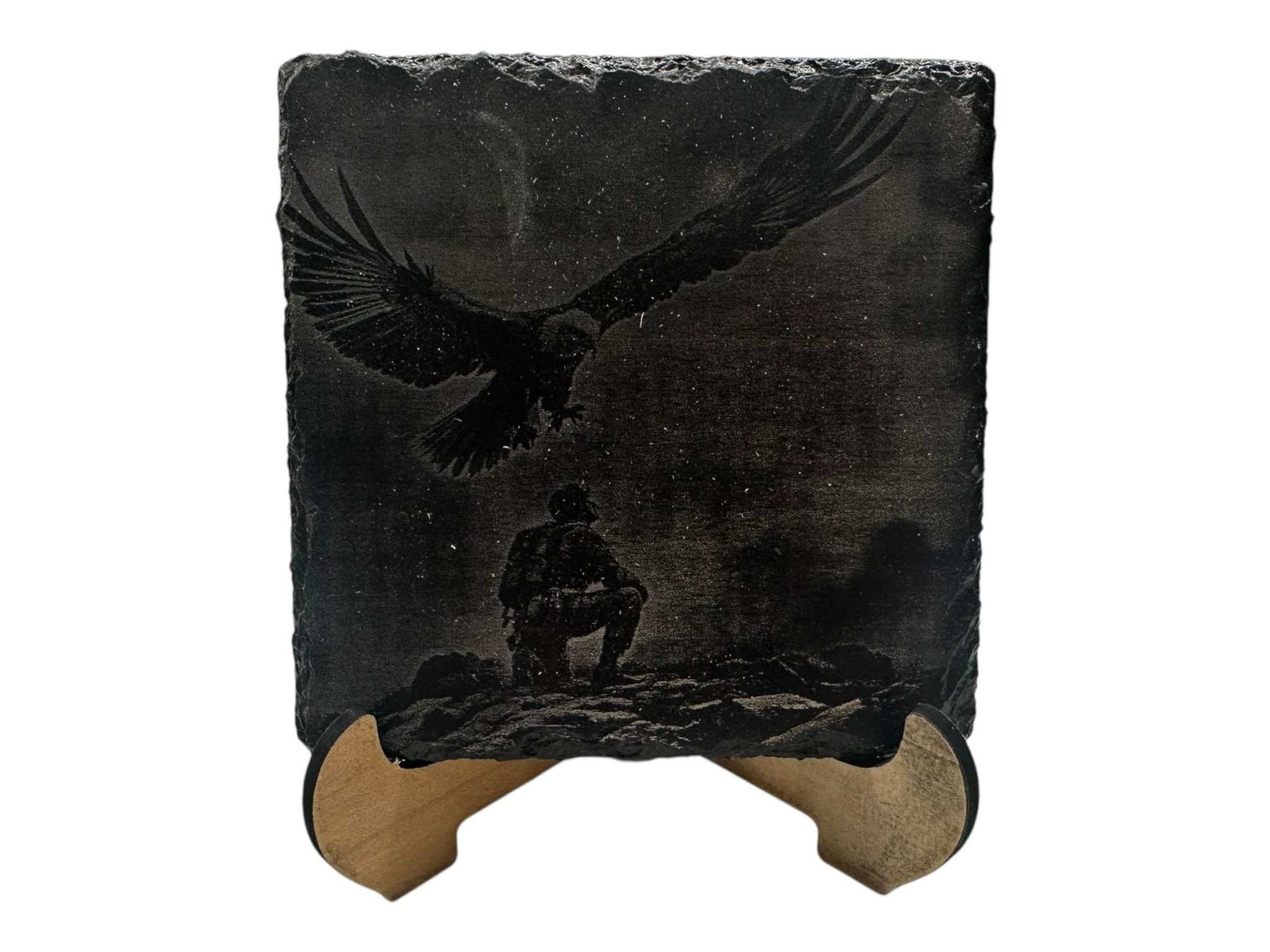 Hand-painted slate coaster featuring a greyscale eagle and soldier design in black and white.