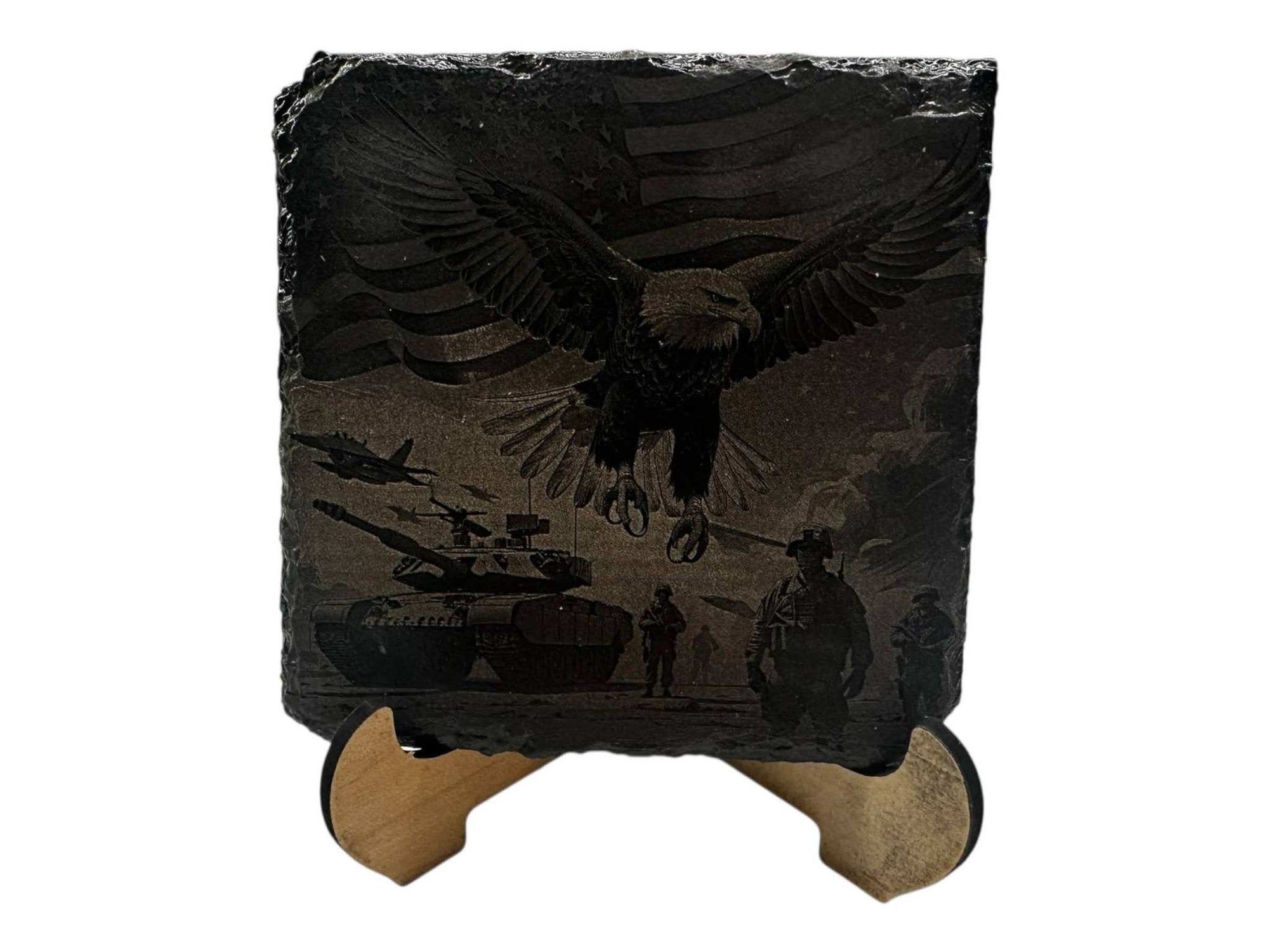 Hand-painted slate coaster featuring a detailed greyscale eagle and military design, square shape, 100mm.