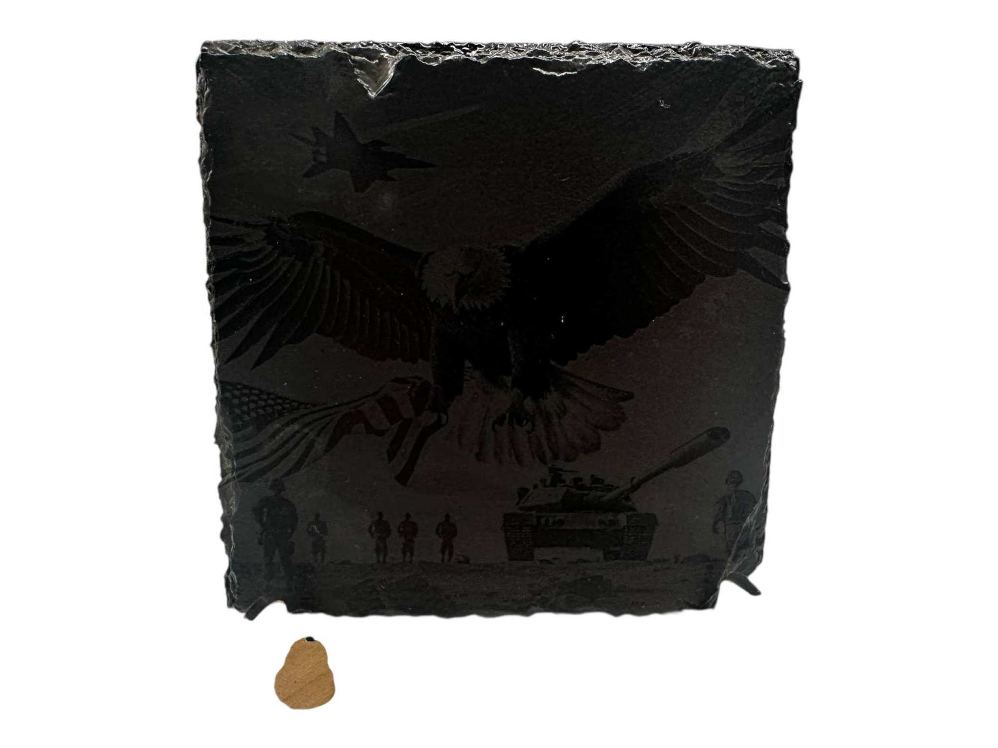 Hand-painted slate coaster with a greyscale eagle and tank design, square shape, 100mm.
