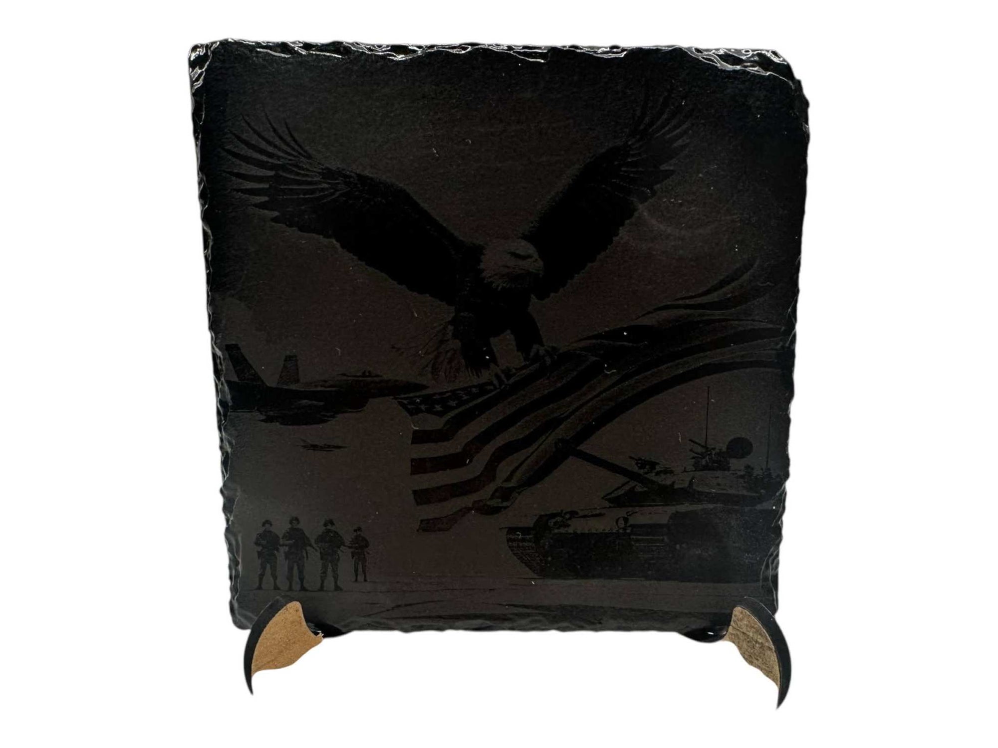 Hand-painted slate coaster with greyscale art in black and white, featuring an eagle and soldiers, on a square 100mm natural slate.