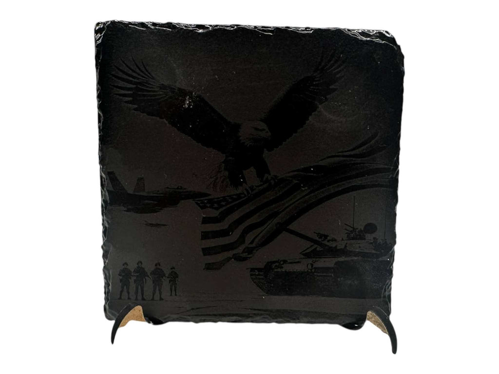 Hand-painted slate coaster with black and white greyscale eagle art, rustic square design.