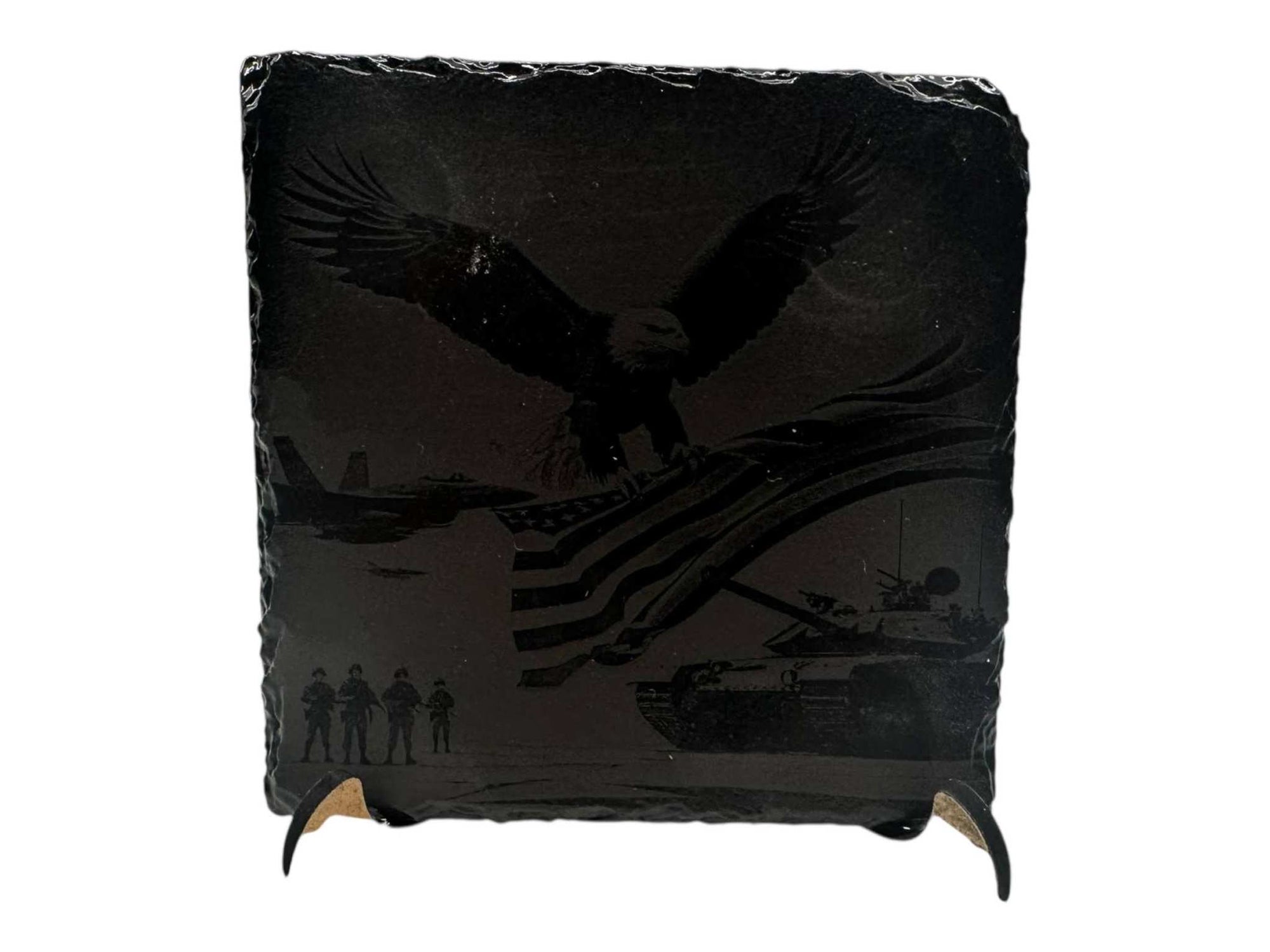 Hand-painted slate coaster with black and white greyscale eagle art, rustic square design.