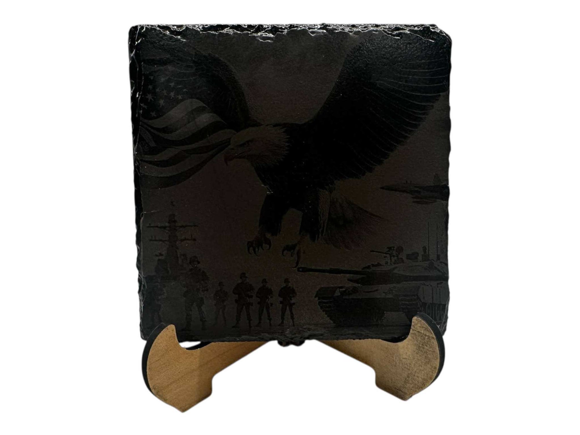 Hand-painted slate coaster featuring an eagle design in black and white greyscale art, square shape, on a stand.