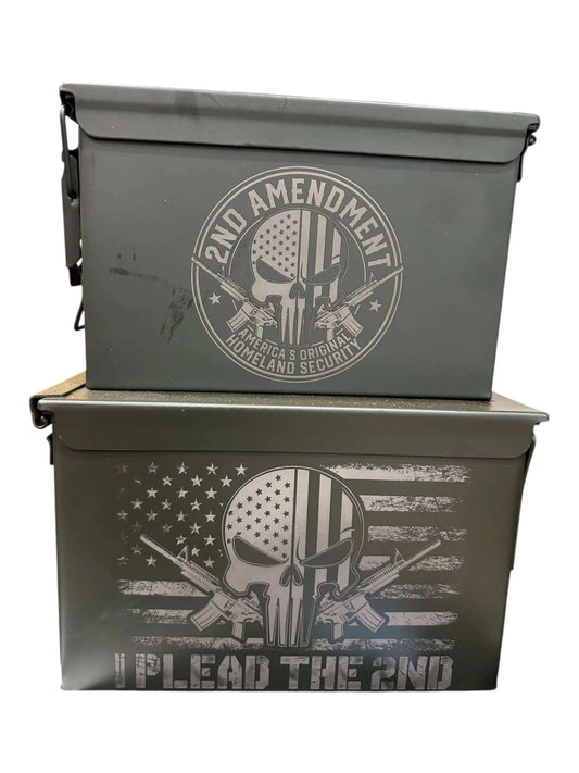 Engraved ammo can with patriotic designs, perfect for groomsmen or veteran gifts.