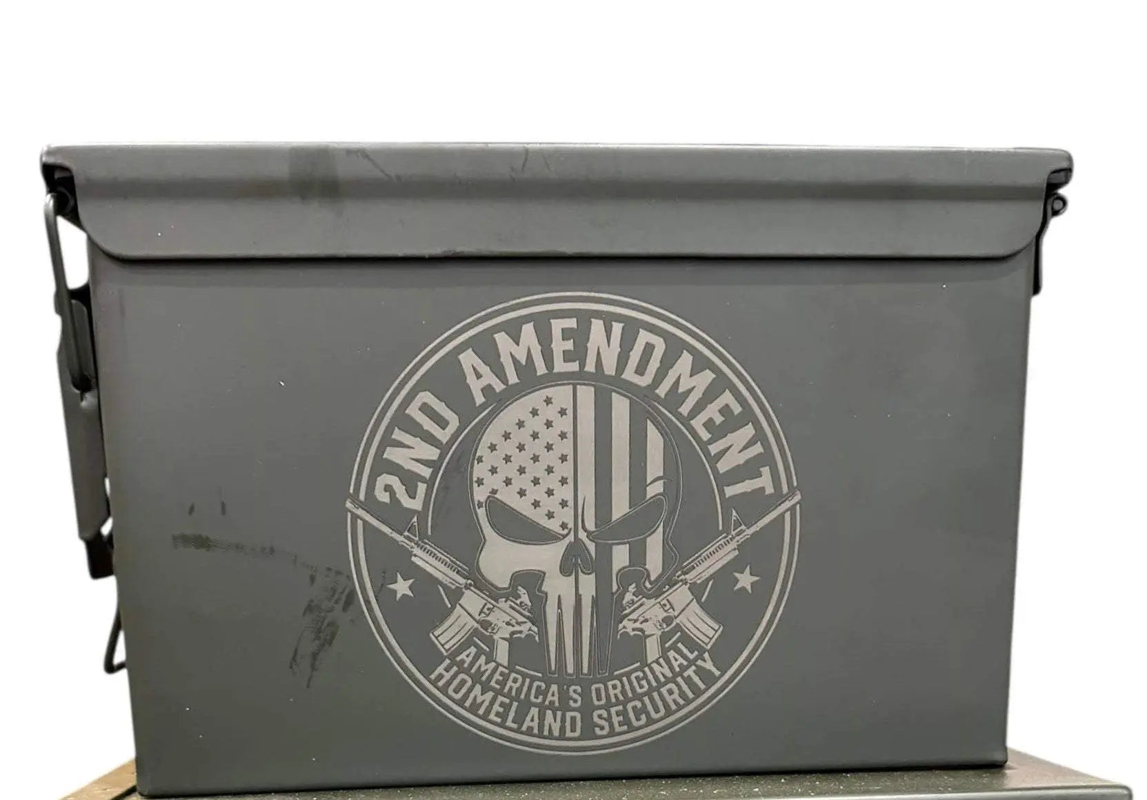 Engraved ammo can with 2nd Amendment design for personalized military gifts.