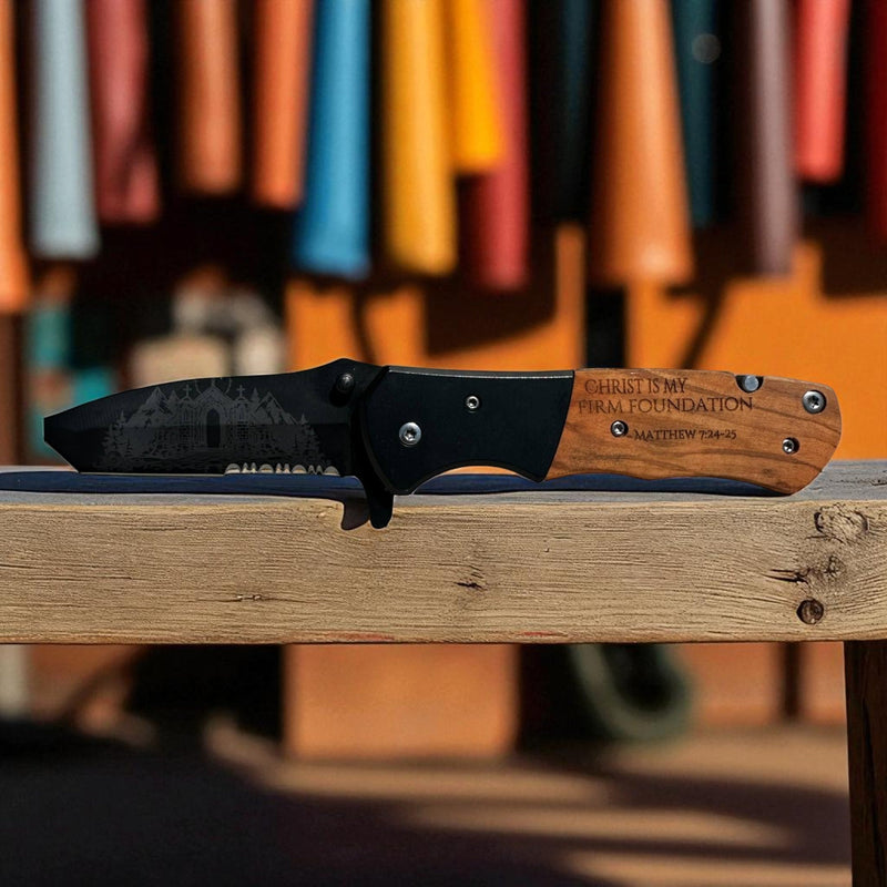 Pocket Knife - Light wood handle - "Christ is my firm foundation" (church on blade)