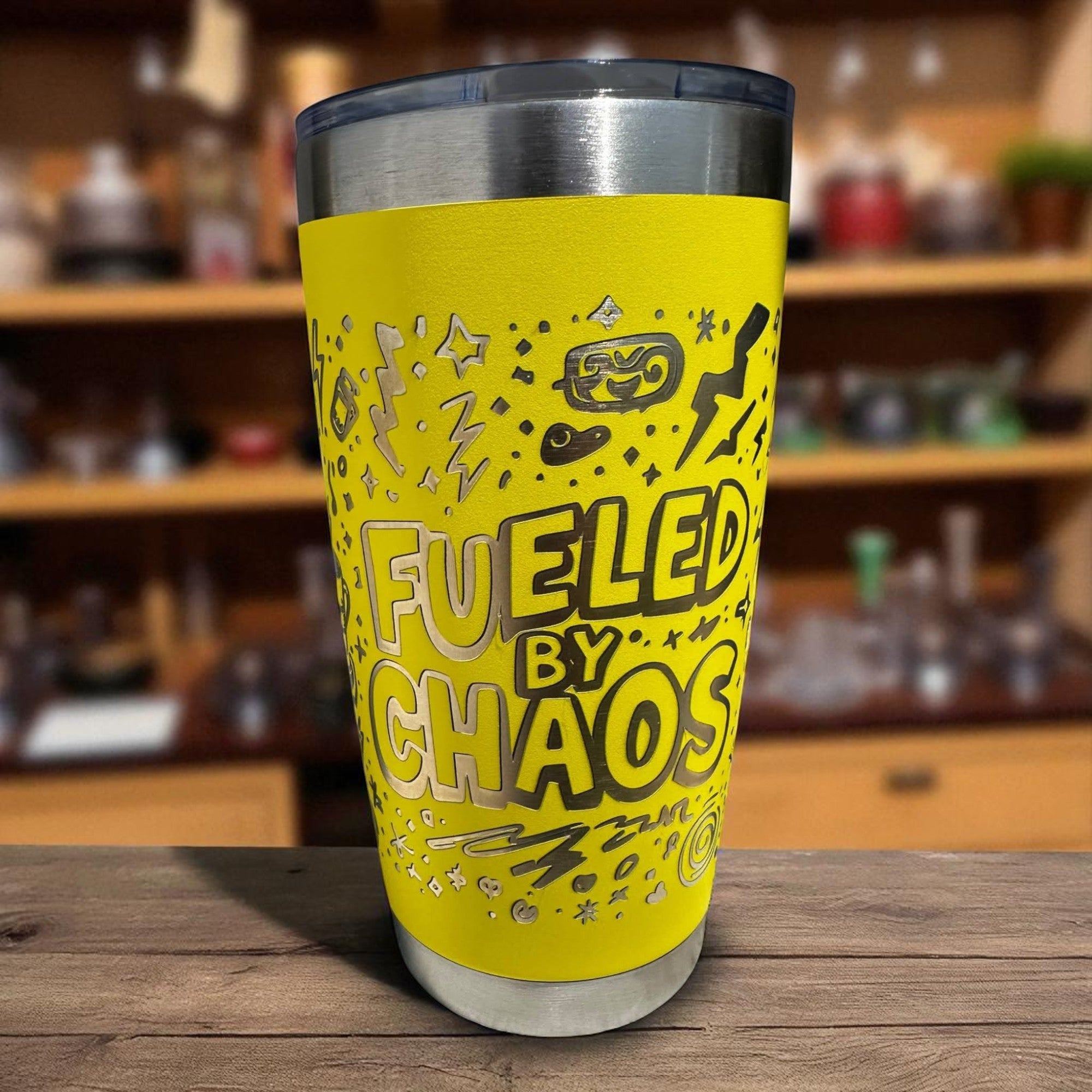 20oz Tumbler — Fueled by chaos (yellow) Ctrl‑Alt‑Engrave