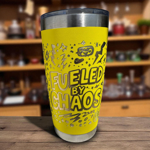 20oz Tumbler — Fueled by chaos (yellow) Ctrl‑Alt‑Engrave