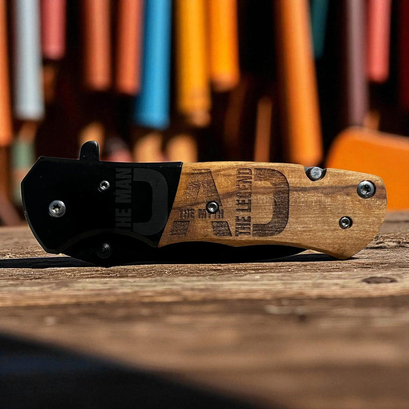 Pocket Knife - Light wood handle - "The man the myth the legend, DAD"