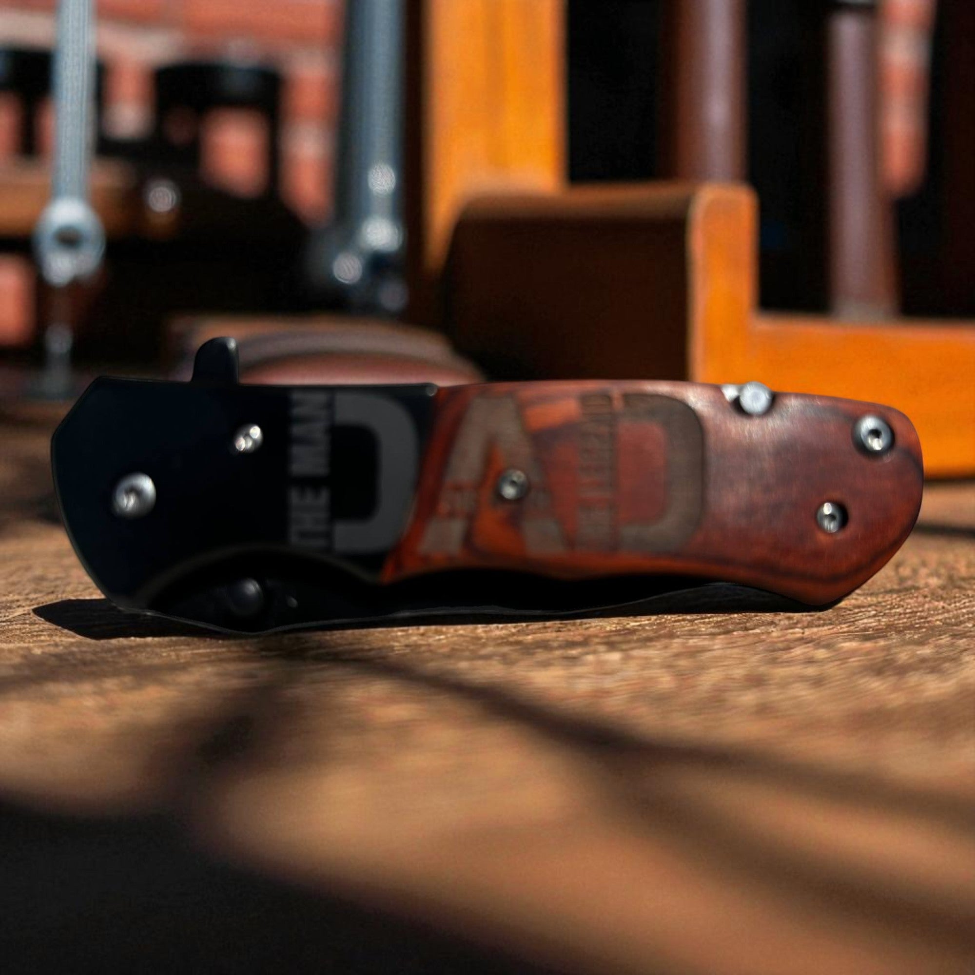 Pocket Knife — Dark wood handle — “The man the myth the legend, DAD” Ctrl‑Alt‑Engrave