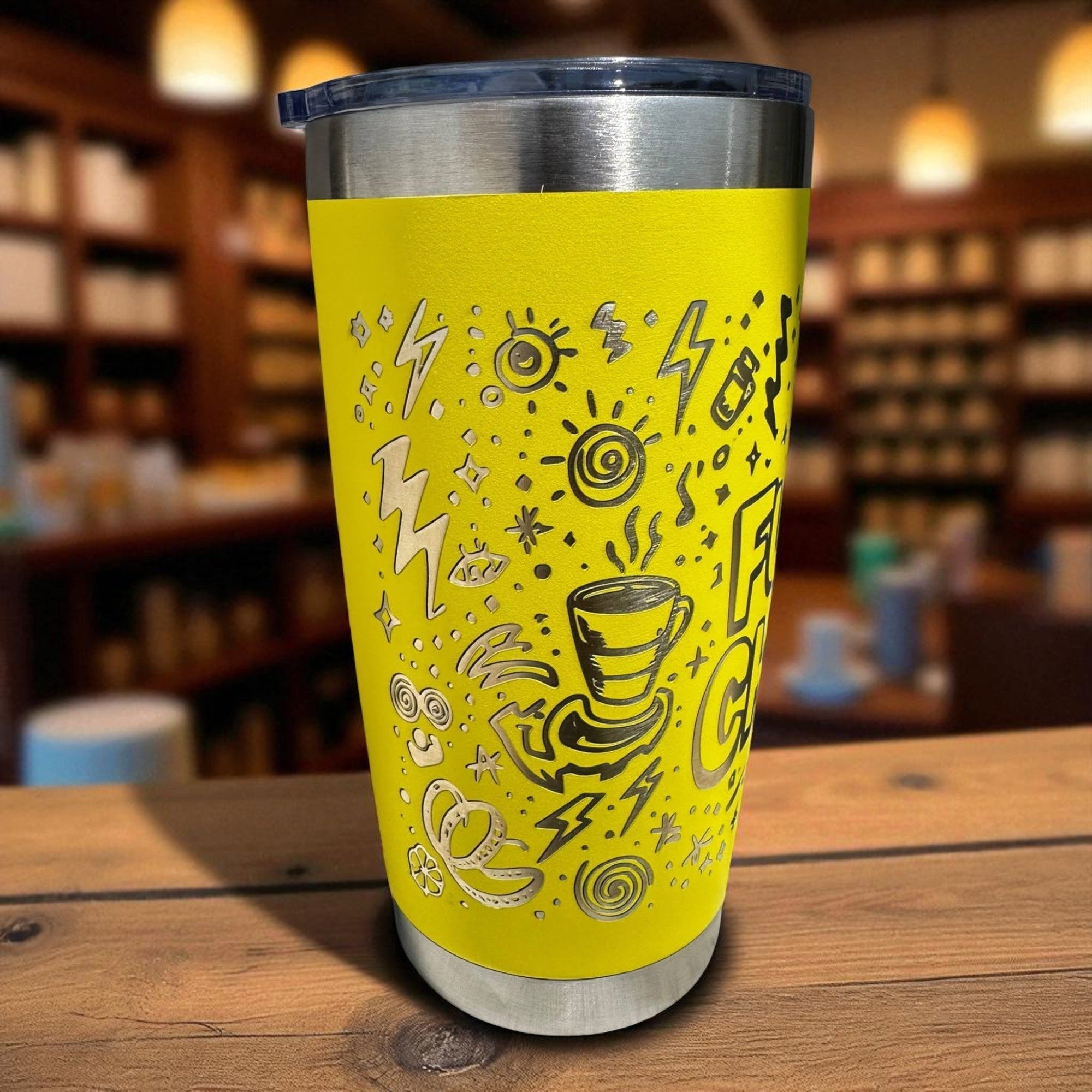 20oz Tumbler — Fueled by chaos (yellow) Ctrl‑Alt‑Engrave