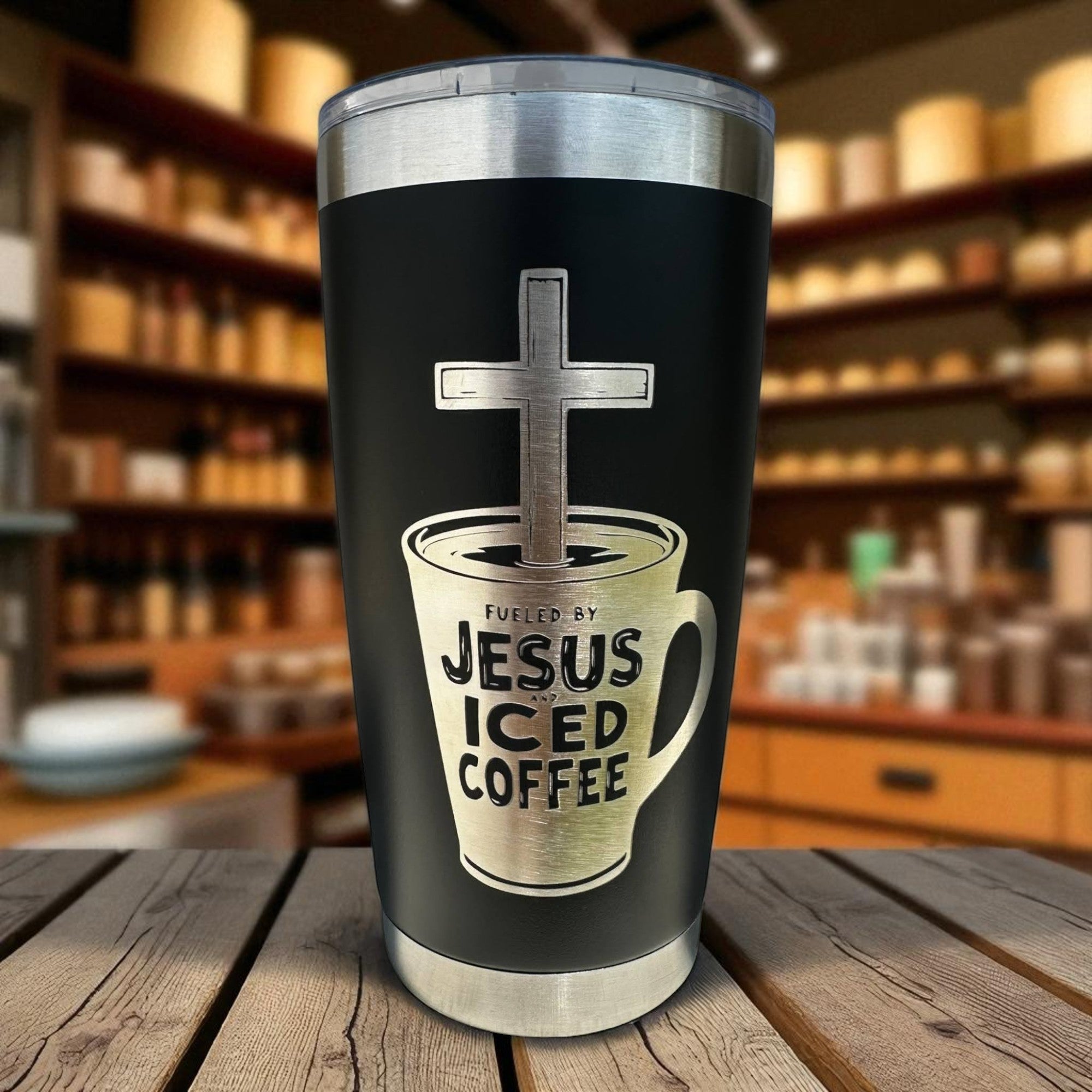 20oz Tumbler — Fueled by Jesus and iced coffee (black) Ctrl‑Alt‑Engrave