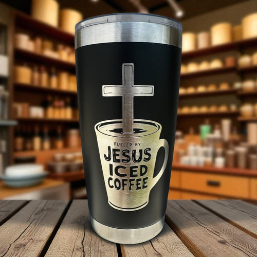 20oz Tumbler — Fueled by Jesus and iced coffee (black) Ctrl‑Alt‑Engrave