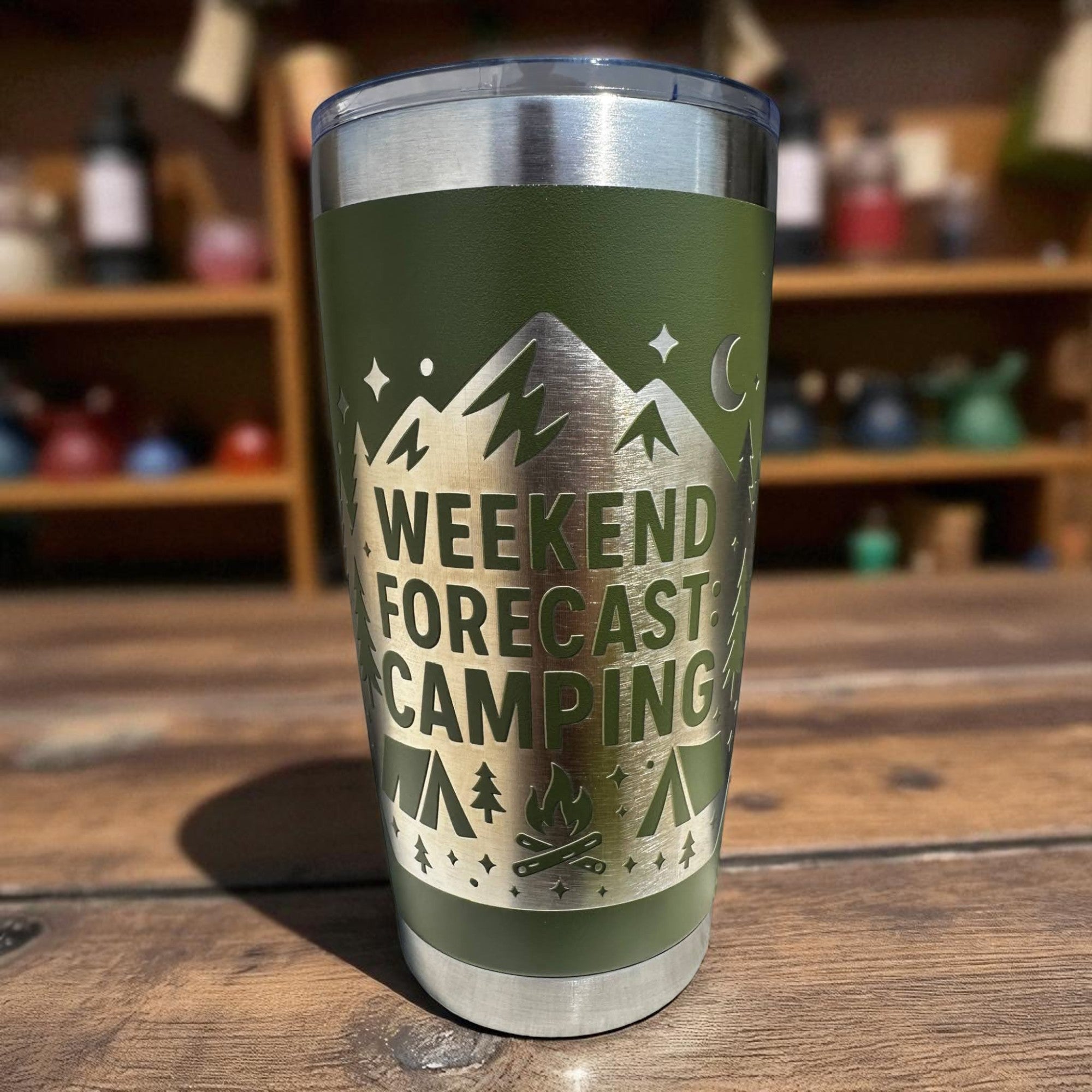 20oz Tumbler — Weekend forecast: camping (green) Ctrl‑Alt‑Engrave