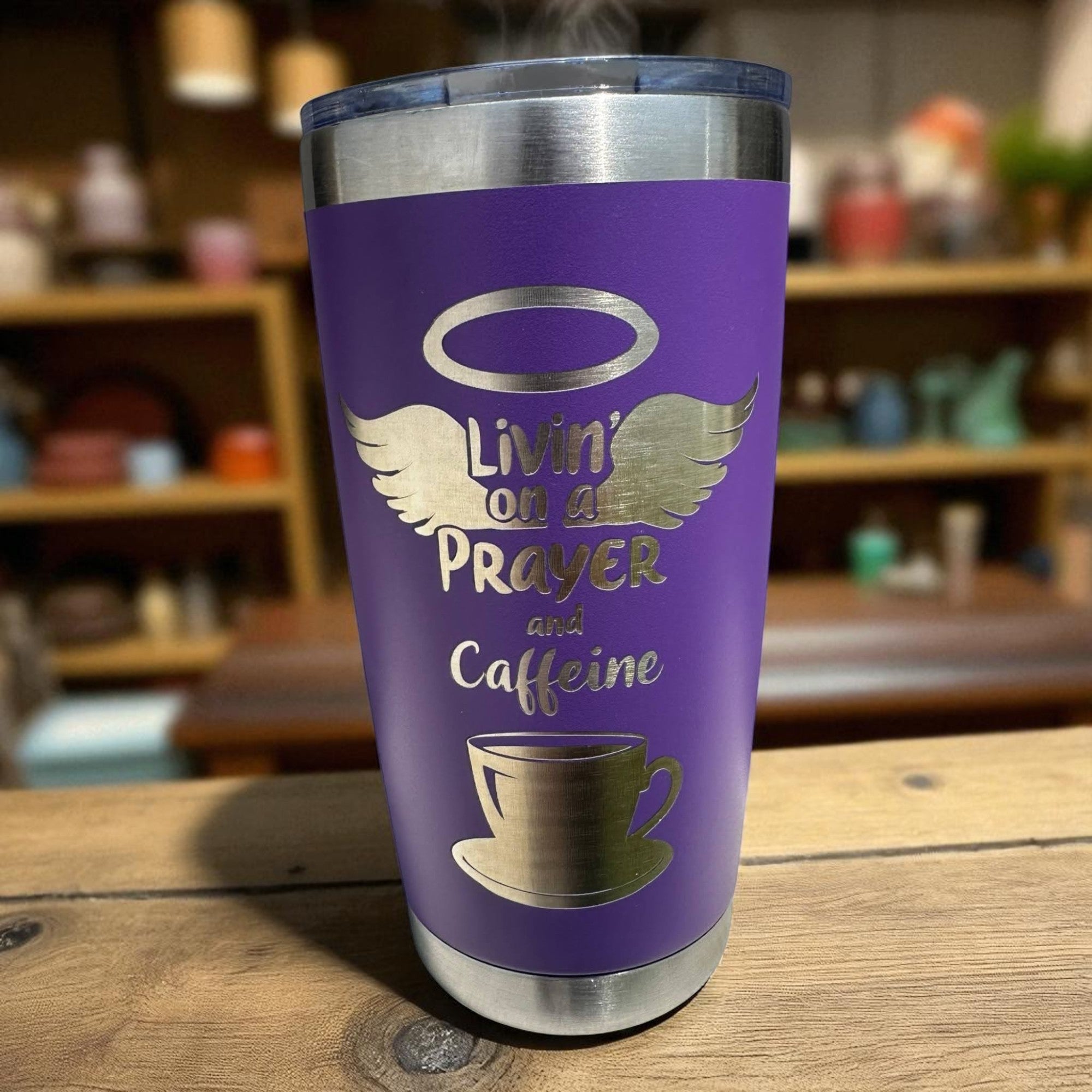 20oz Tumbler — Livin' on a prayer and caffeine (purple) Ctrl‑Alt‑Engrave
