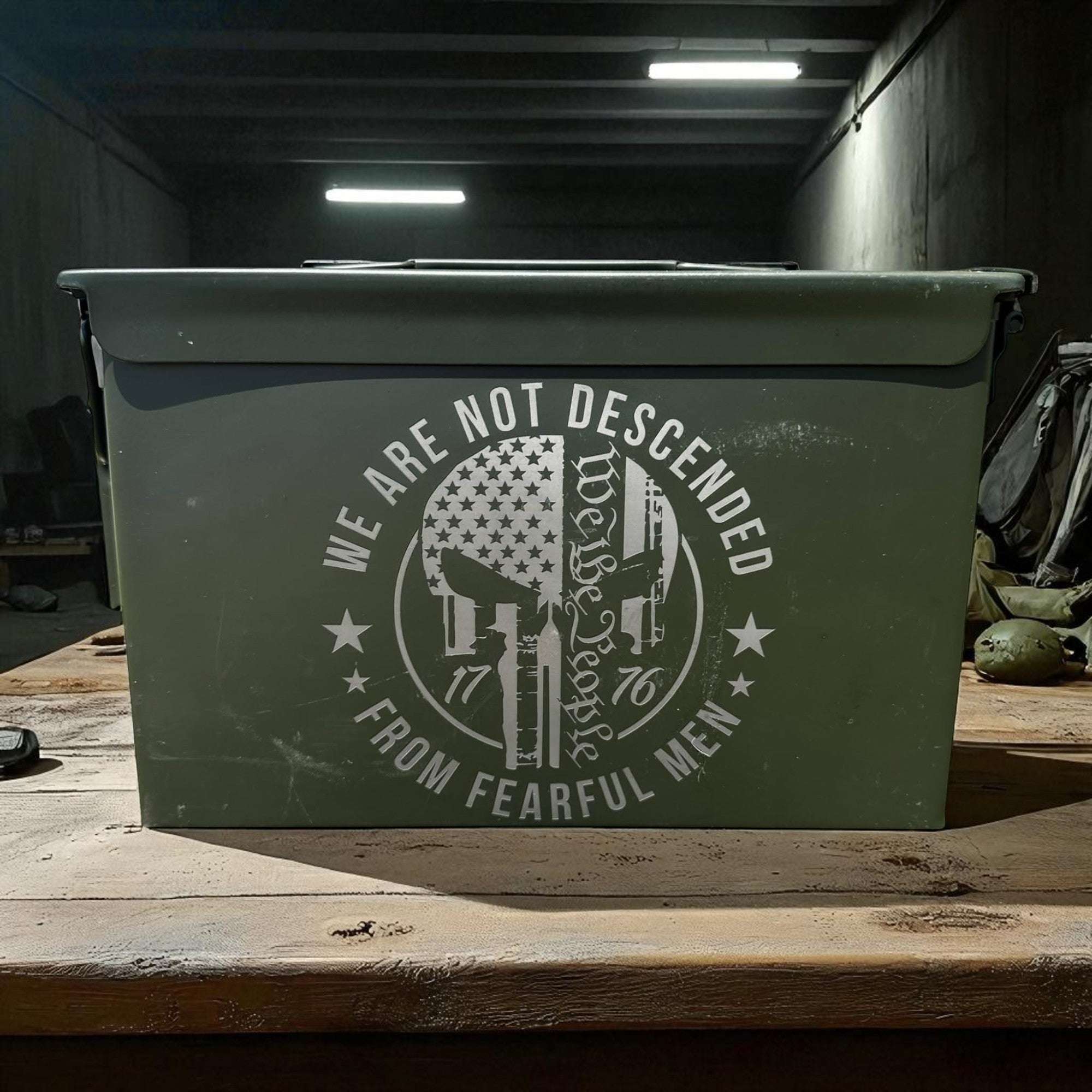 .50 caliber ammo crate with dual-sided laser engravings and patriotic designs