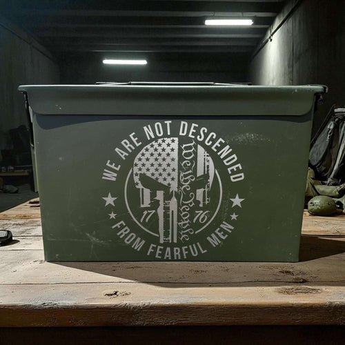 .50 caliber ammo crate with dual-sided laser engravings and patriotic designs