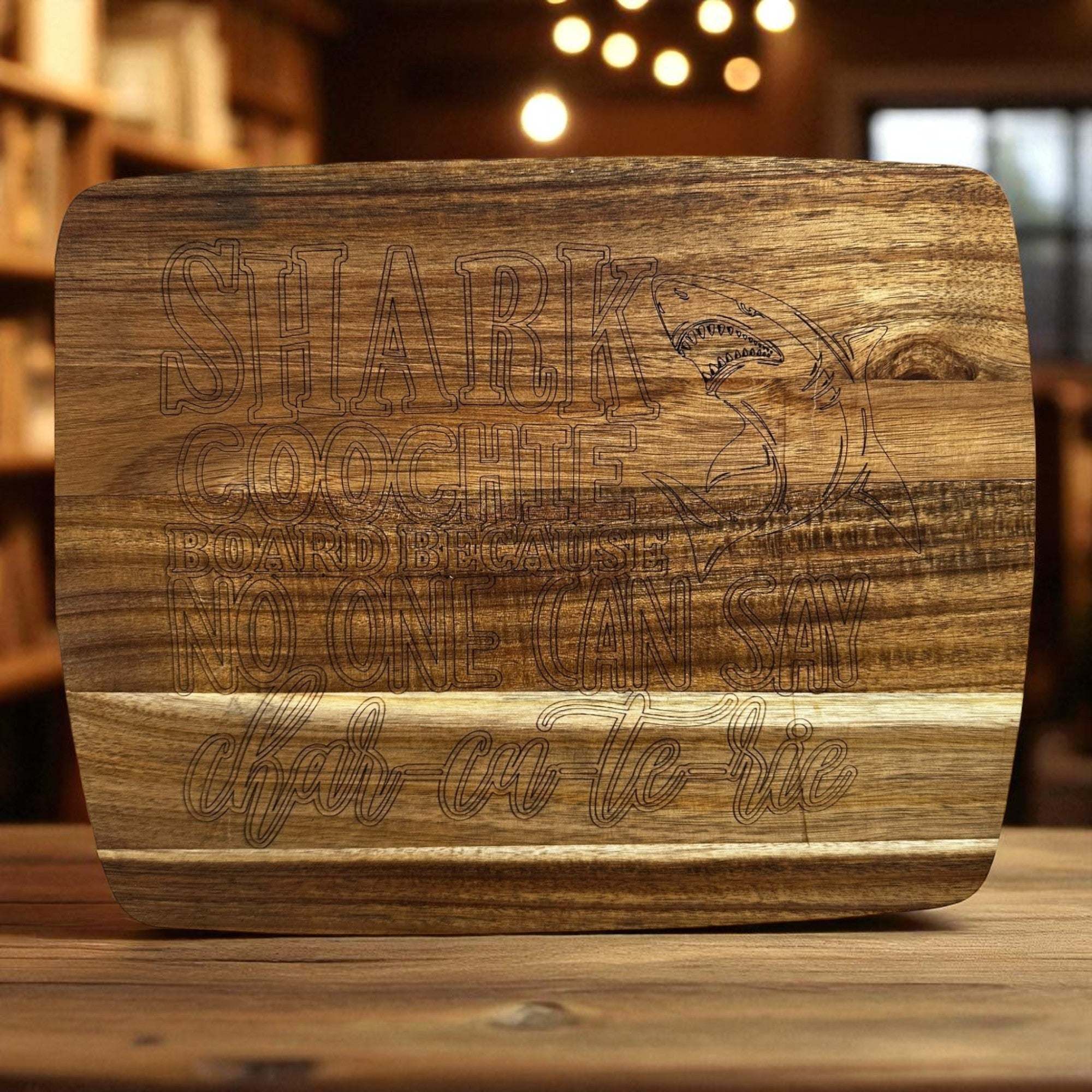 Solid acacia cutting board 11x14 with engraved playful "Shark Coochie Board" design
