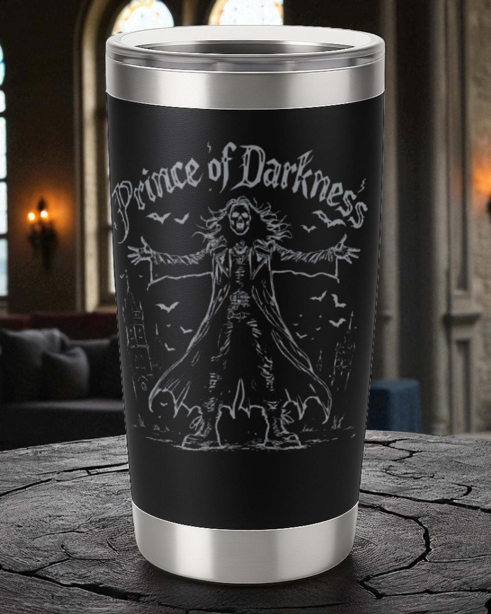 20oz black stainless steel tumbler with engraved Prince of Darkness gothic rocker design and clear slide-top lid
