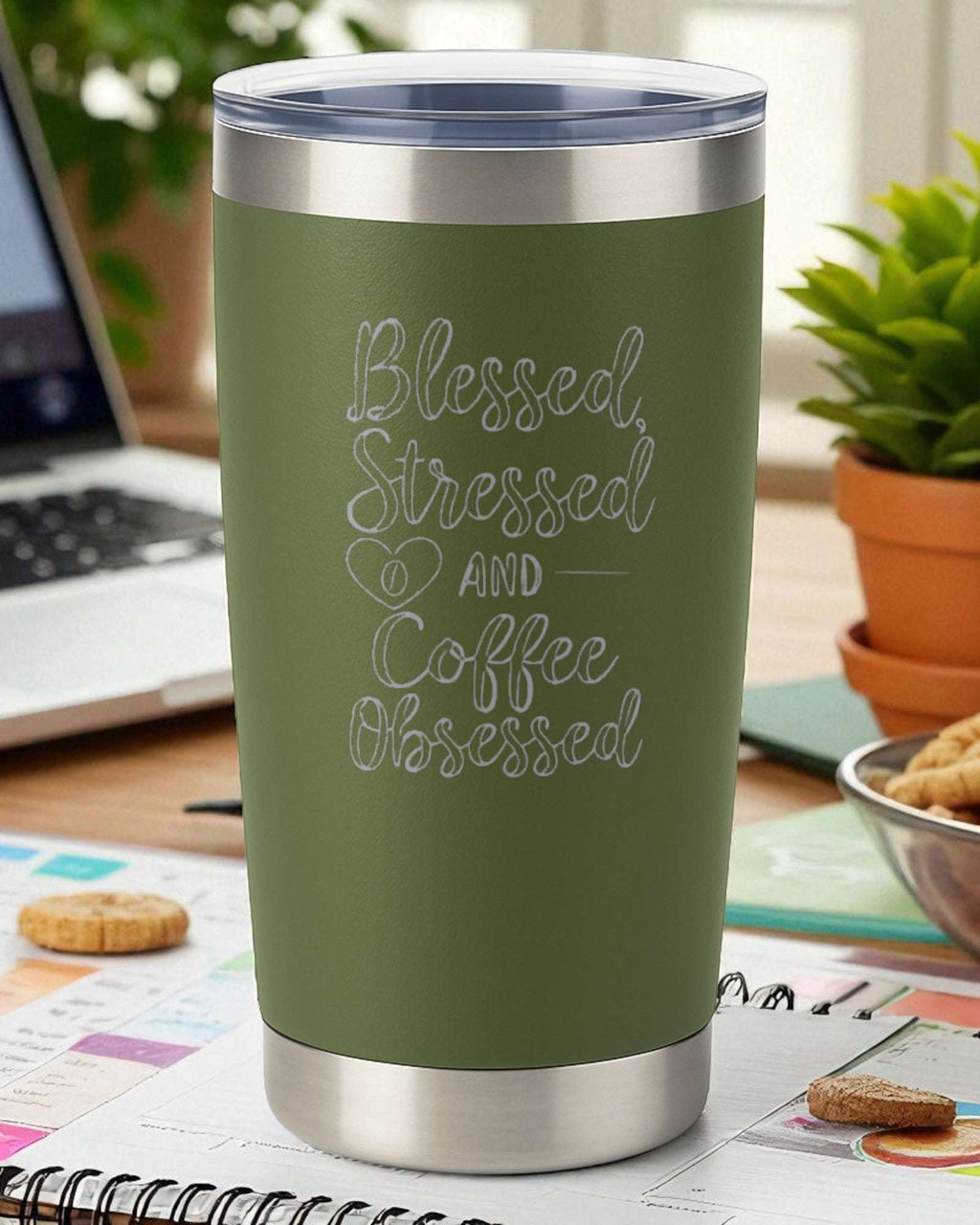 “Blessed, Stressed, and Coffee Obsessed” – Script Coffee Tumbler Ctrl-Alt-Engrave