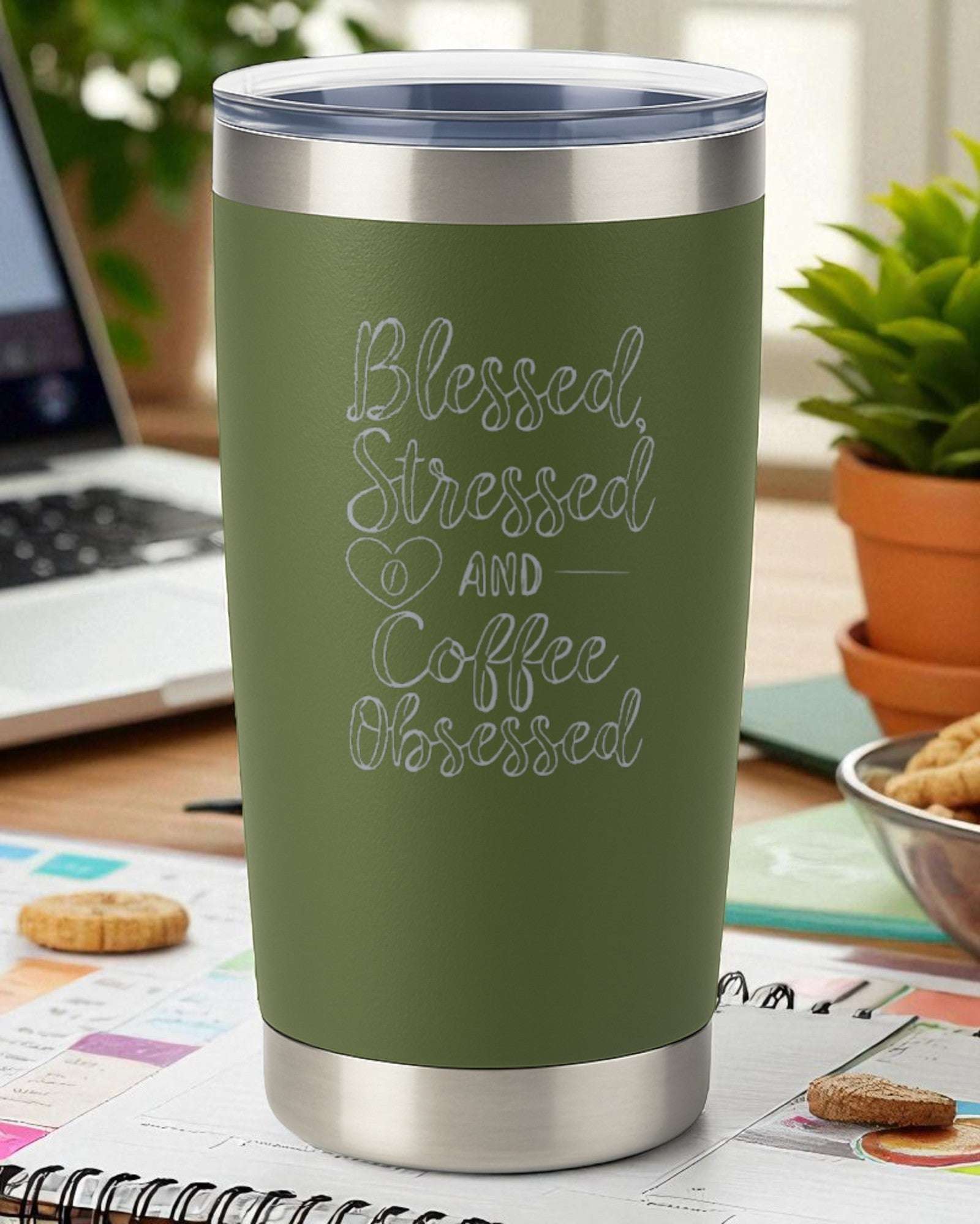 “Blessed, Stressed, and Coffee Obsessed” – Script Coffee Tumbler Ctrl-Alt-Engrave