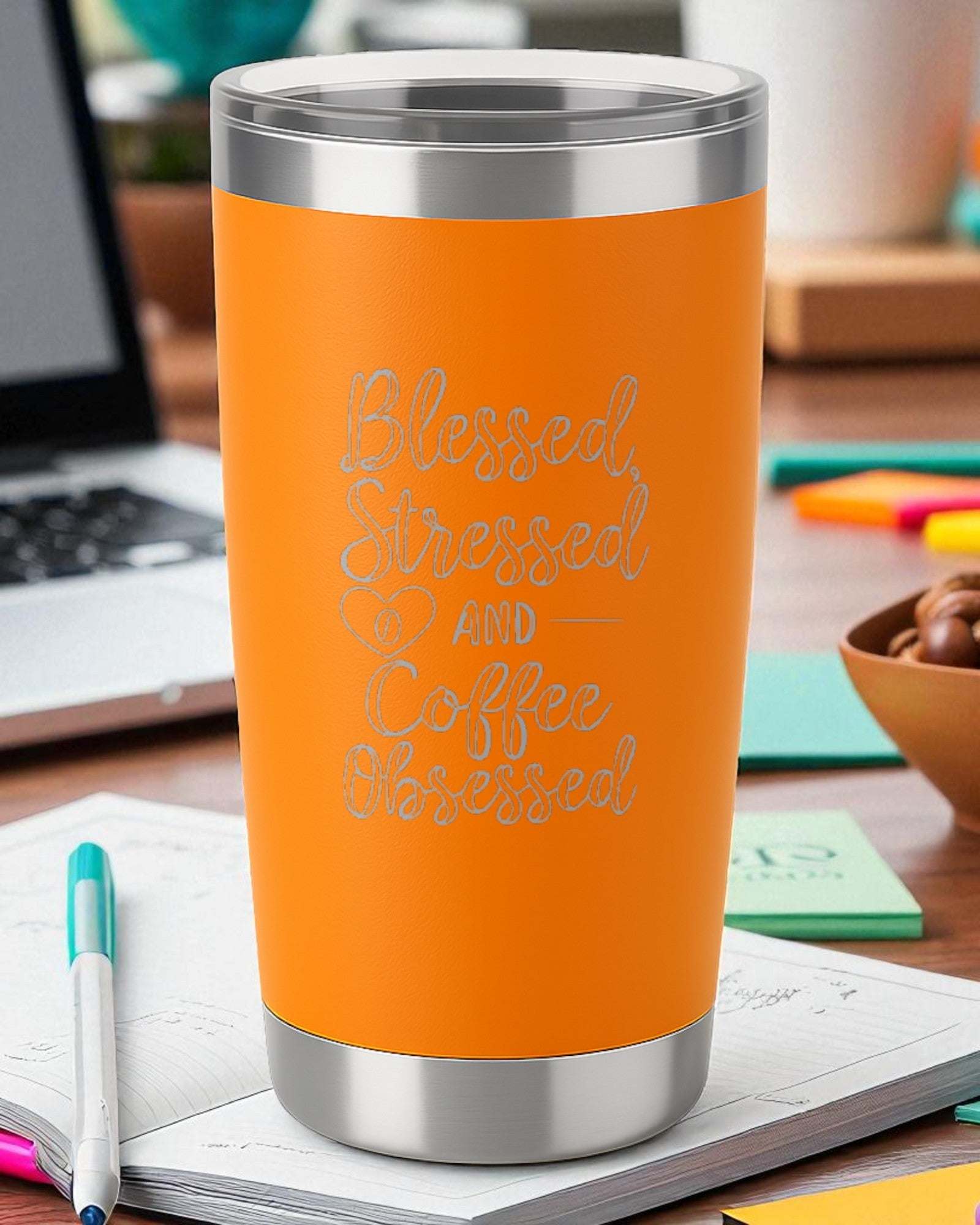 “Blessed, Stressed, and Coffee Obsessed” – Script Coffee Tumbler Ctrl-Alt-Engrave