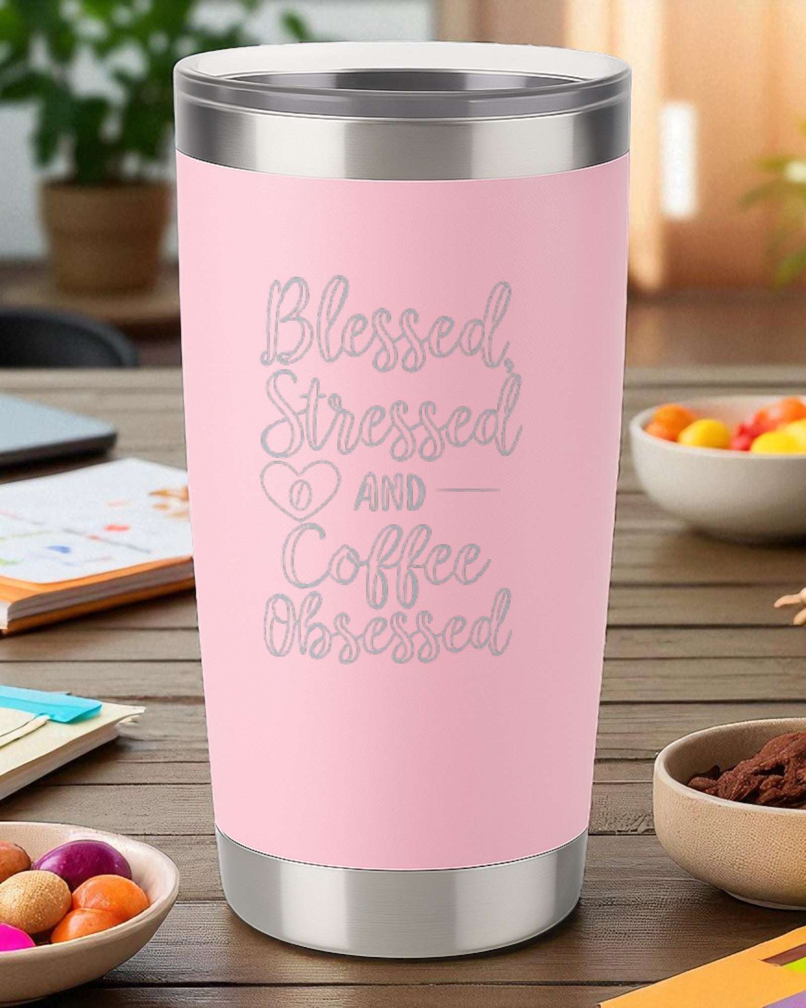 “Blessed, Stressed, and Coffee Obsessed” – Script Coffee Tumbler Ctrl-Alt-Engrave