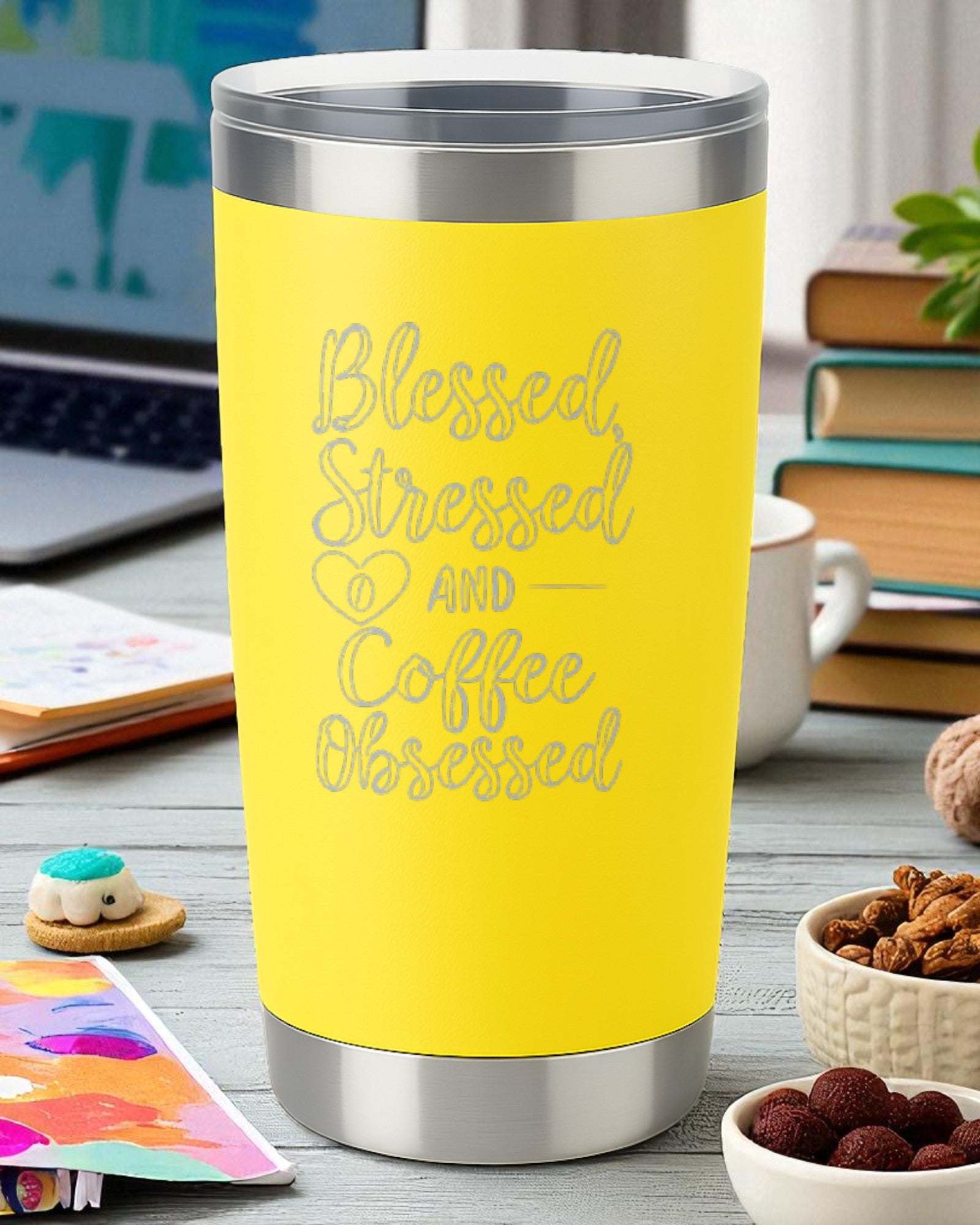 “Blessed, Stressed, and Coffee Obsessed” – Script Coffee Tumbler Ctrl-Alt-Engrave