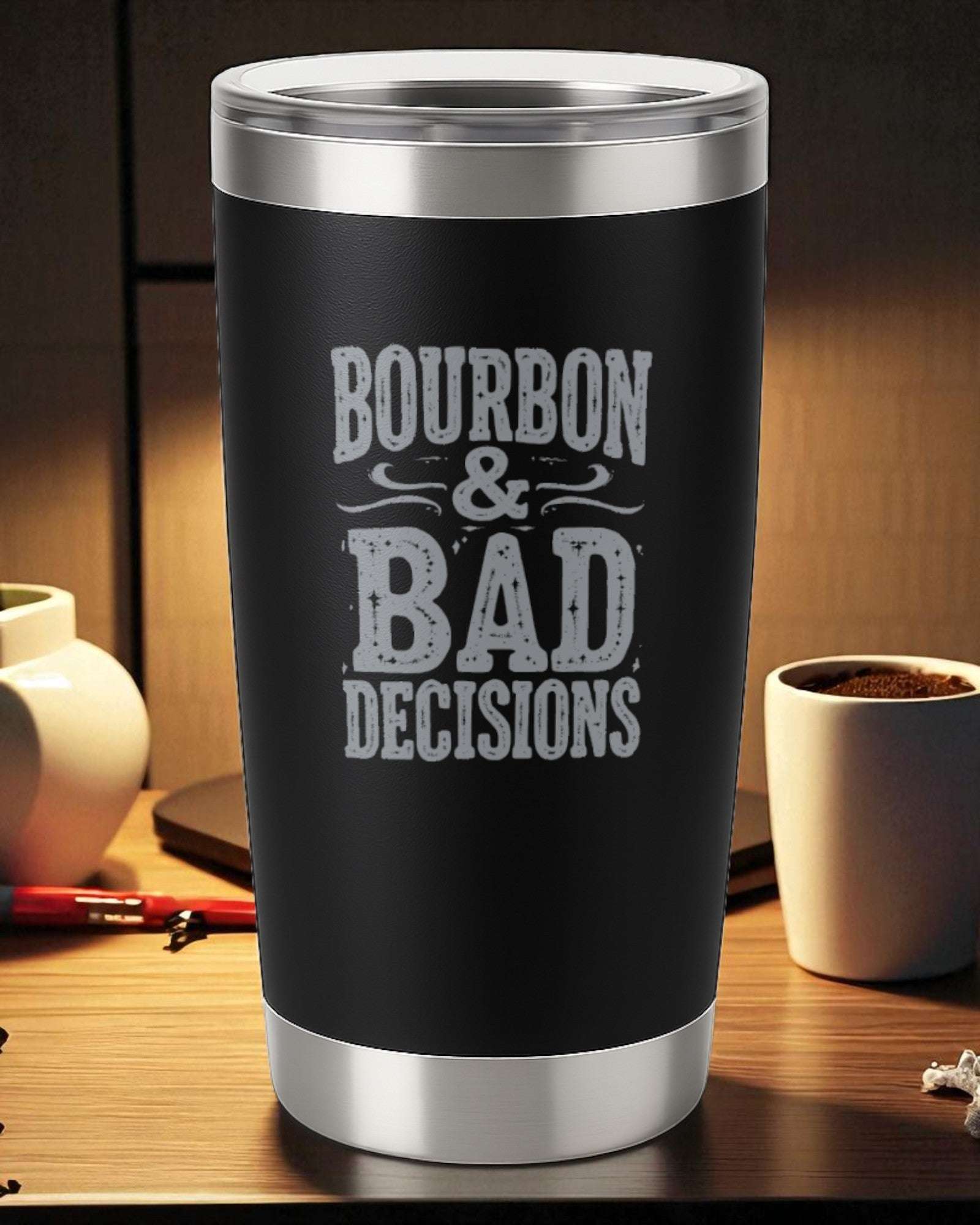 Bourbon & Bad Decisions – Engraved Whiskey Tumbler Ctrl-Alt-Engrave