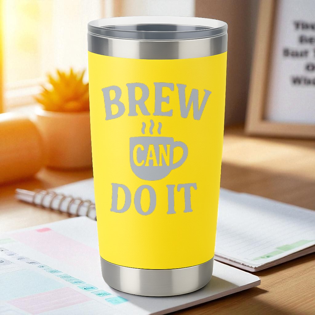 Yellow 20oz stainless steel tumbler with engraved "Brew Can Do It" design, double-wall insulated with clear lid.