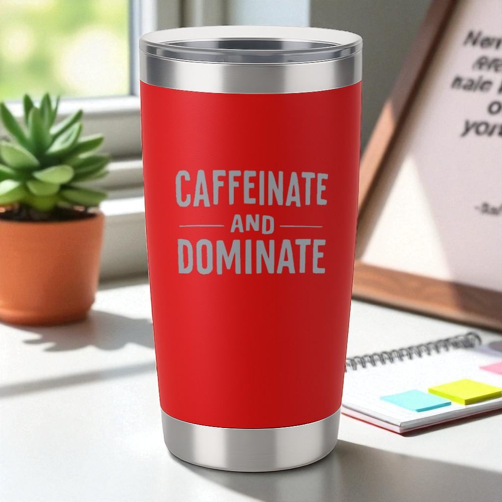 Red 20oz stainless steel tumbler with "Caffeinate and Dominate" laser-engraved text and clear lid on desk with plant and notebook.