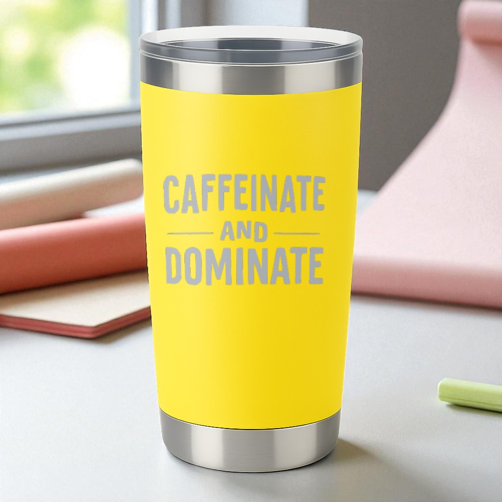 Yellow 20oz stainless steel tumbler engraved with "Caffeinate and Dominate" text with a clear lid on a table