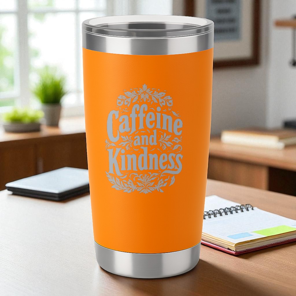 20oz orange insulated tumbler with clear lid engraved with "Caffeine and Kindness" text and floral design