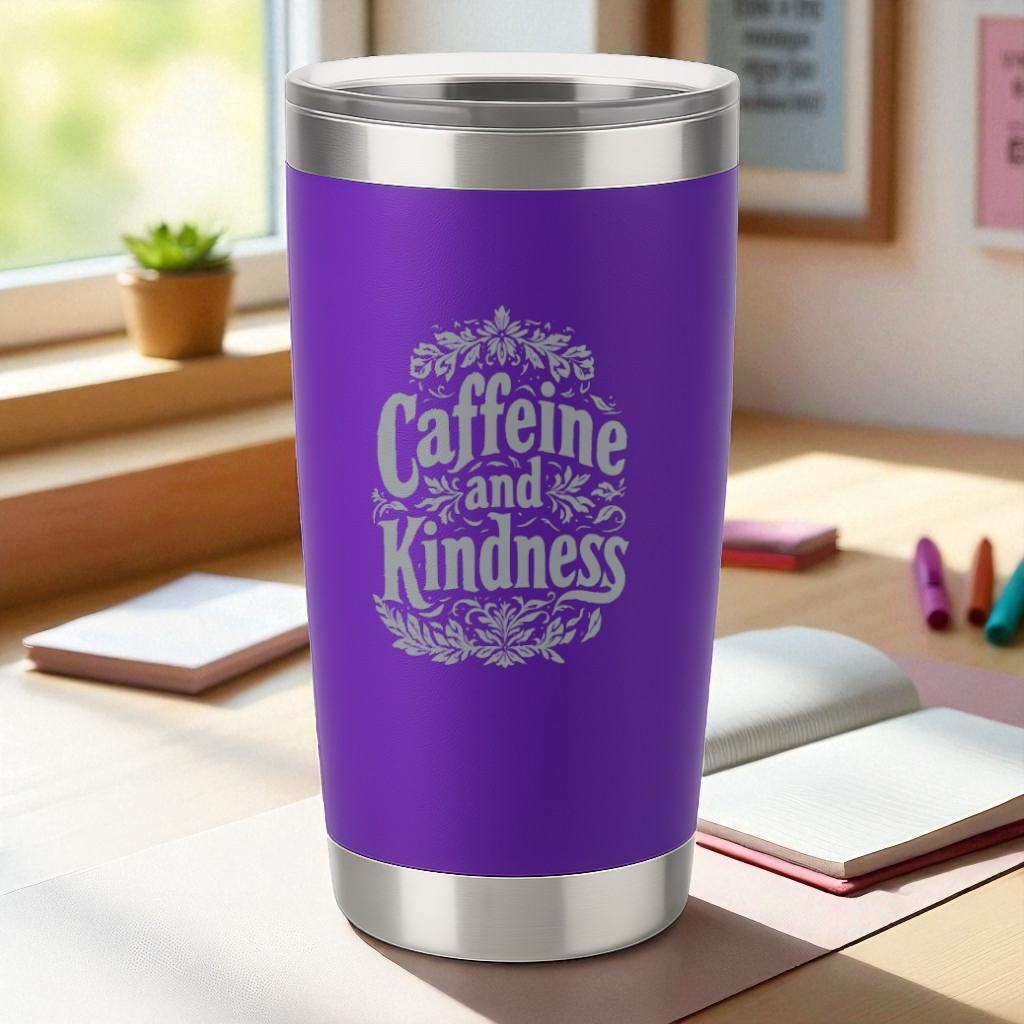 Purple 20oz engraved insulated tumbler with "Caffeine and Kindness" text and clear lid on a desk.