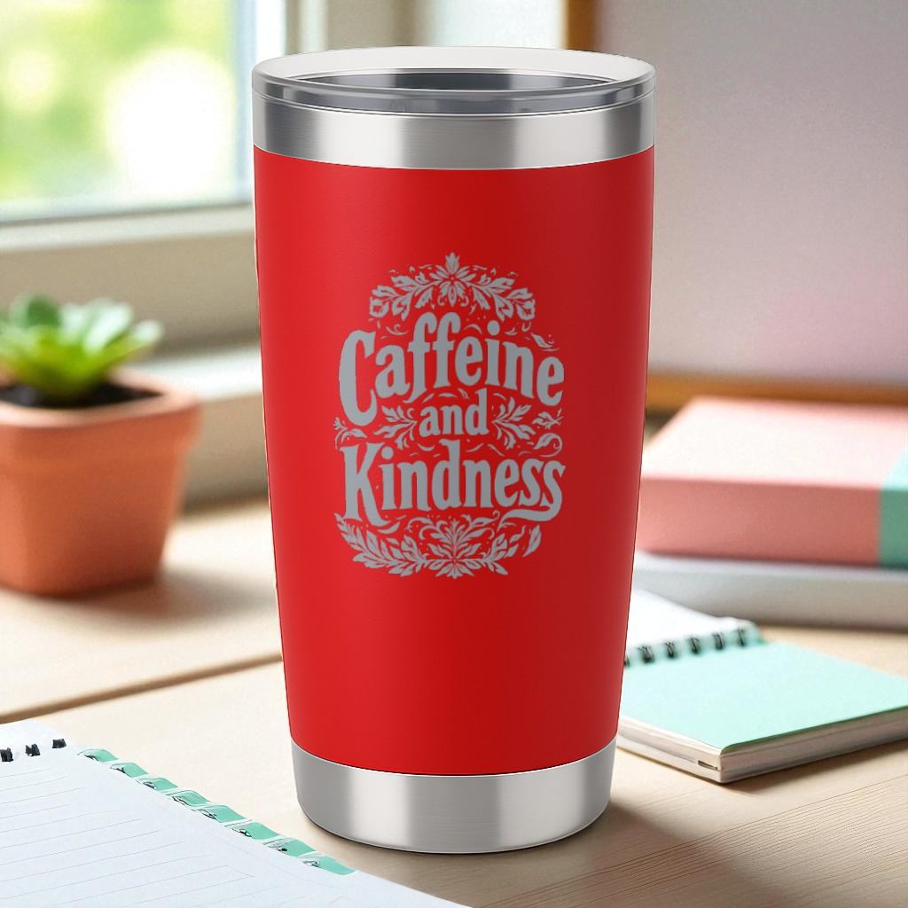 Red 20oz insulated tumbler with "Caffeine and Kindness" laser-engraved design and clear lid on desk with notebooks.