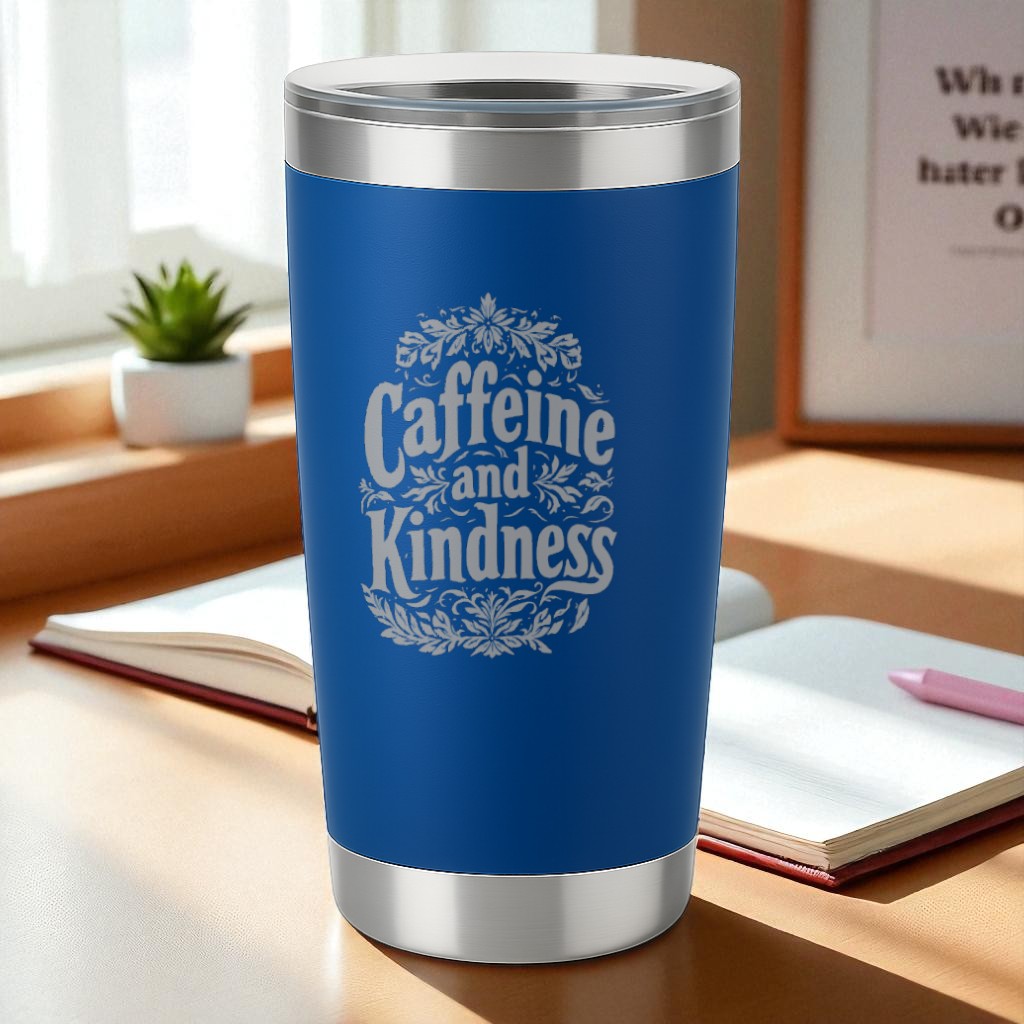 Blue 20oz insulated tumbler with laser-engraved "Caffeine and Kindness" design and clear lid on wooden desk