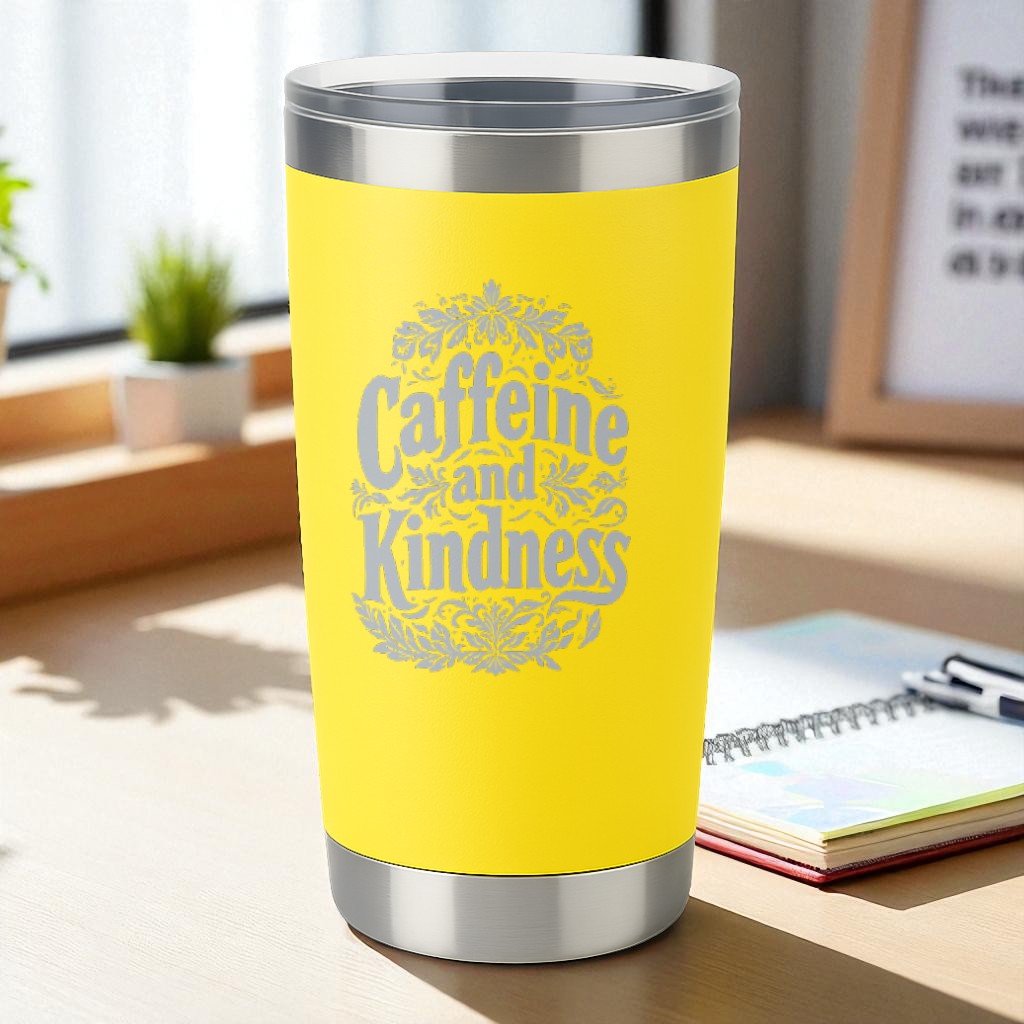Yellow 20oz insulated tumbler engraved with "Caffeine and Kindness" text and clear lid on wooden table.