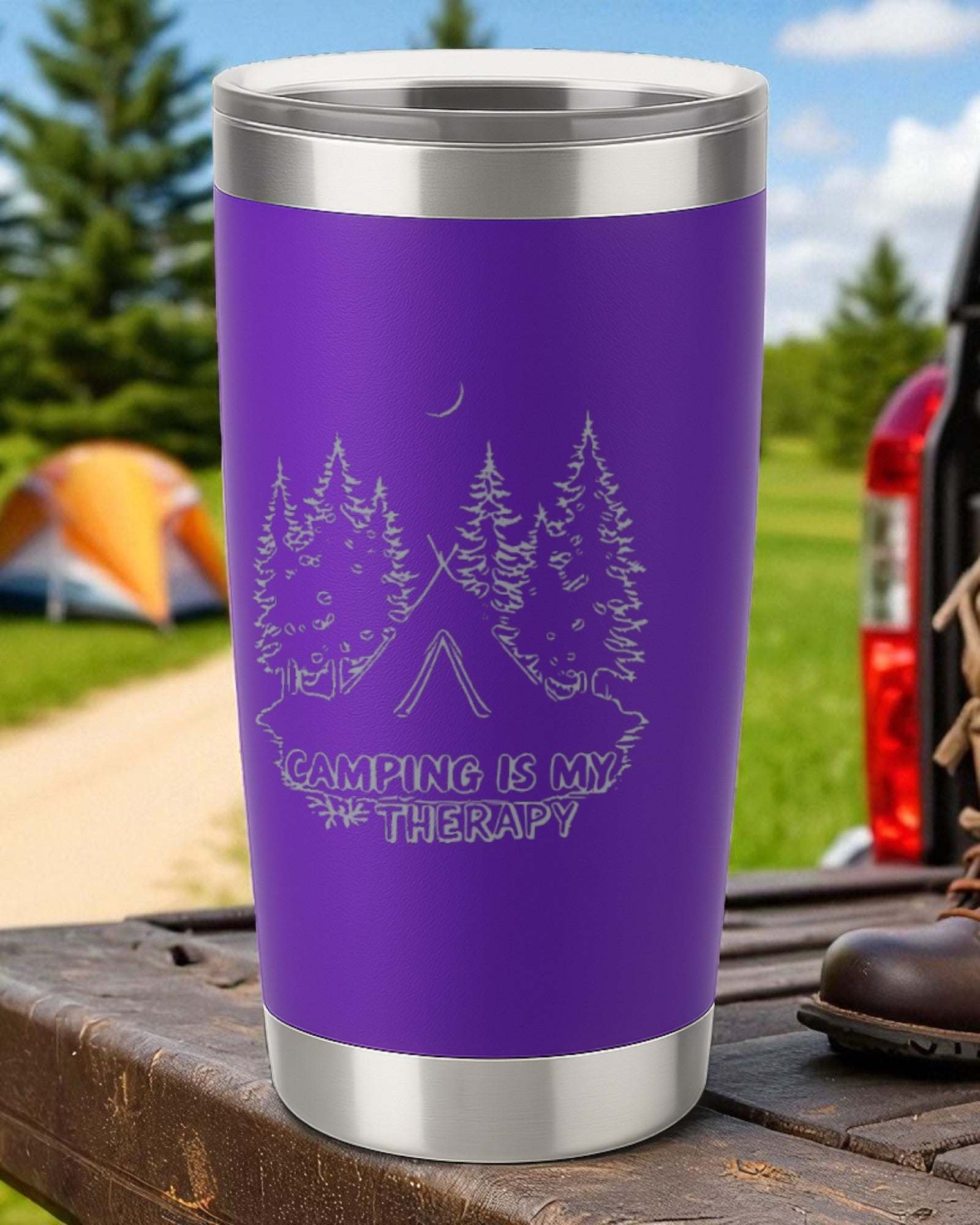 “Camping is My Therapy” – Outdoor Lover Tumbler Ctrl-Alt-Engrave