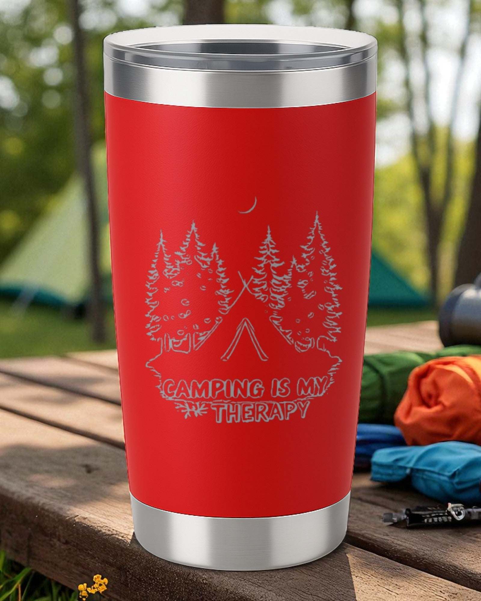 “Camping is My Therapy” – Outdoor Lover Tumbler Ctrl-Alt-Engrave