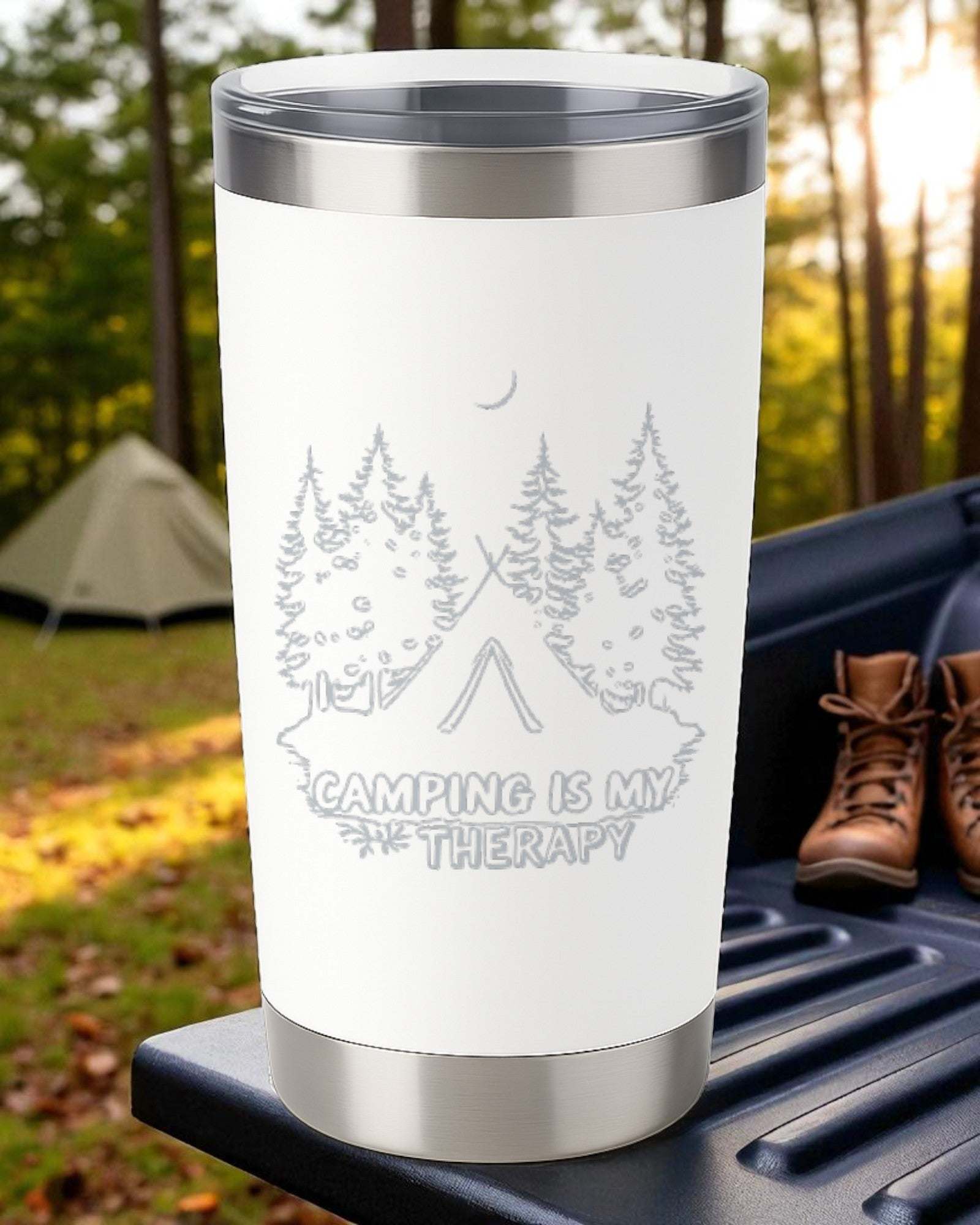 “Camping is My Therapy” – Outdoor Lover Tumbler Ctrl-Alt-Engrave