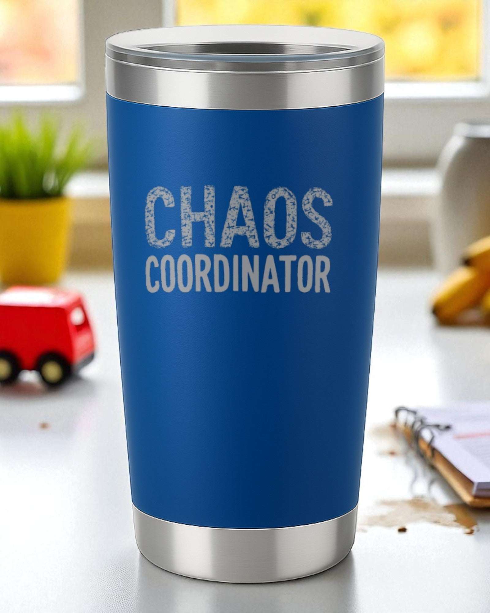 Blue stainless steel tumbler engraved with "Chaos Coordinator" for busy minds and caffeine lovers