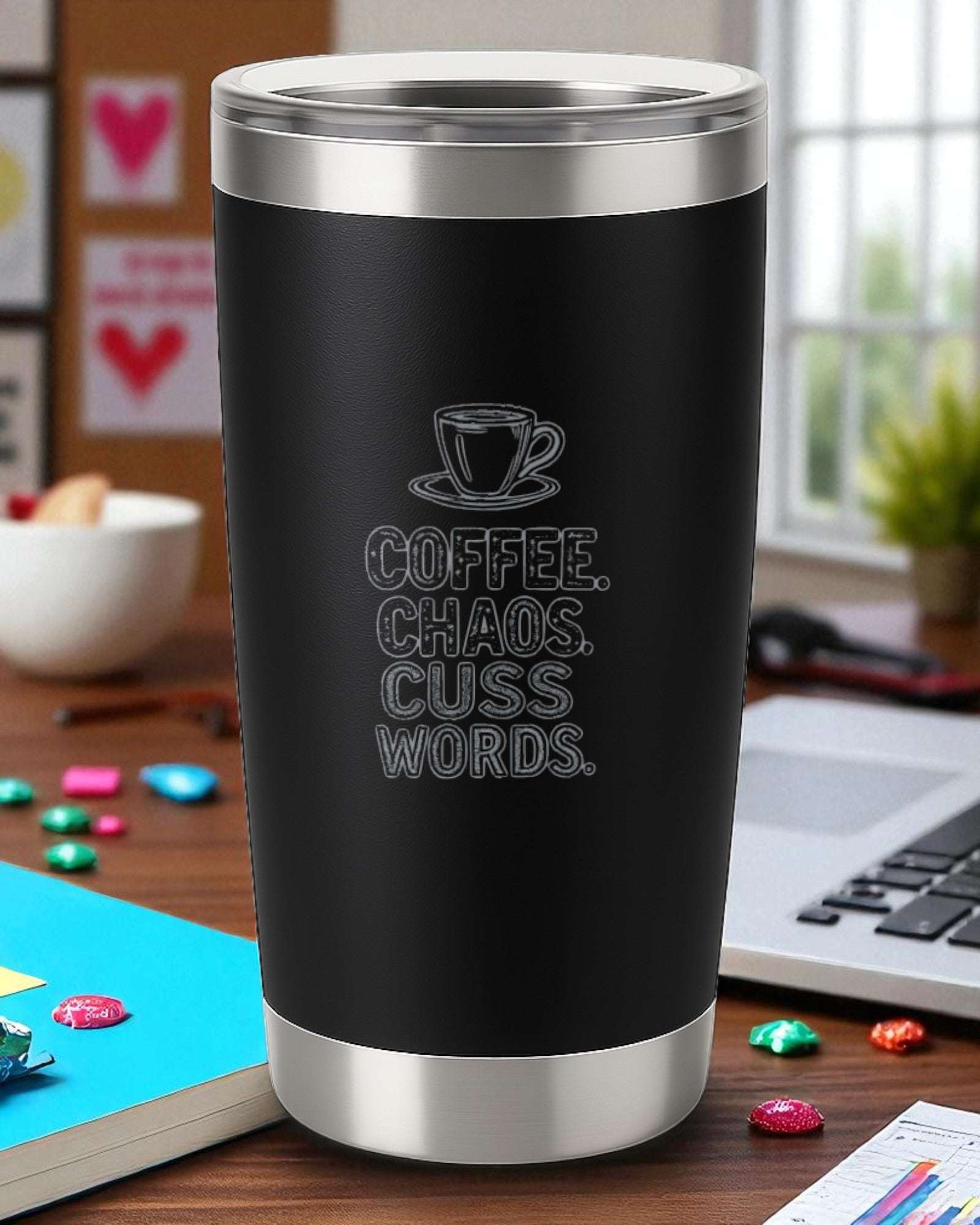 “Coffee. Chaos. Cuss Words.” – Chaotic Coffee Tumbler Ctrl-Alt-Engrave