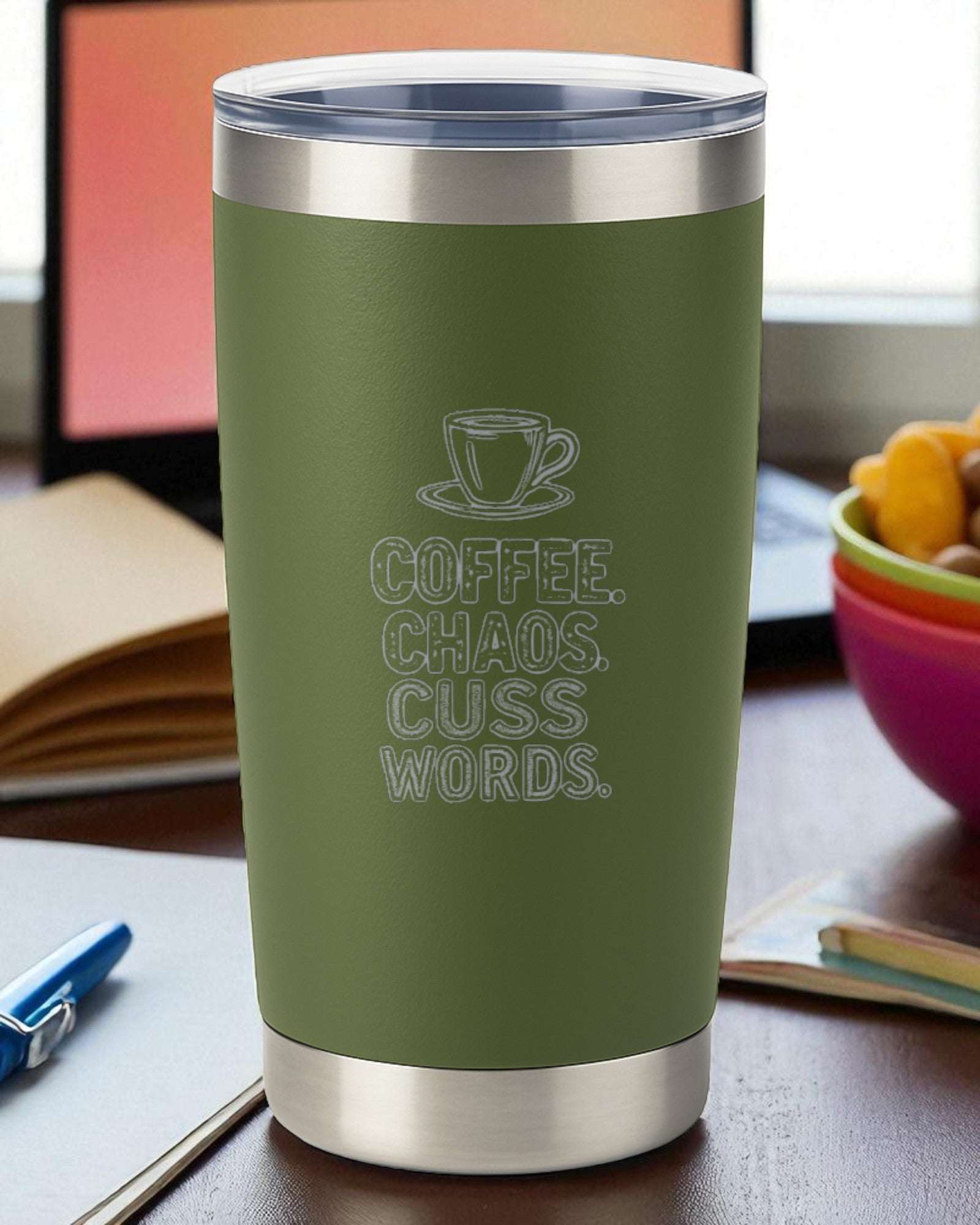 “Coffee. Chaos. Cuss Words.” – Chaotic Coffee Tumbler Ctrl-Alt-Engrave