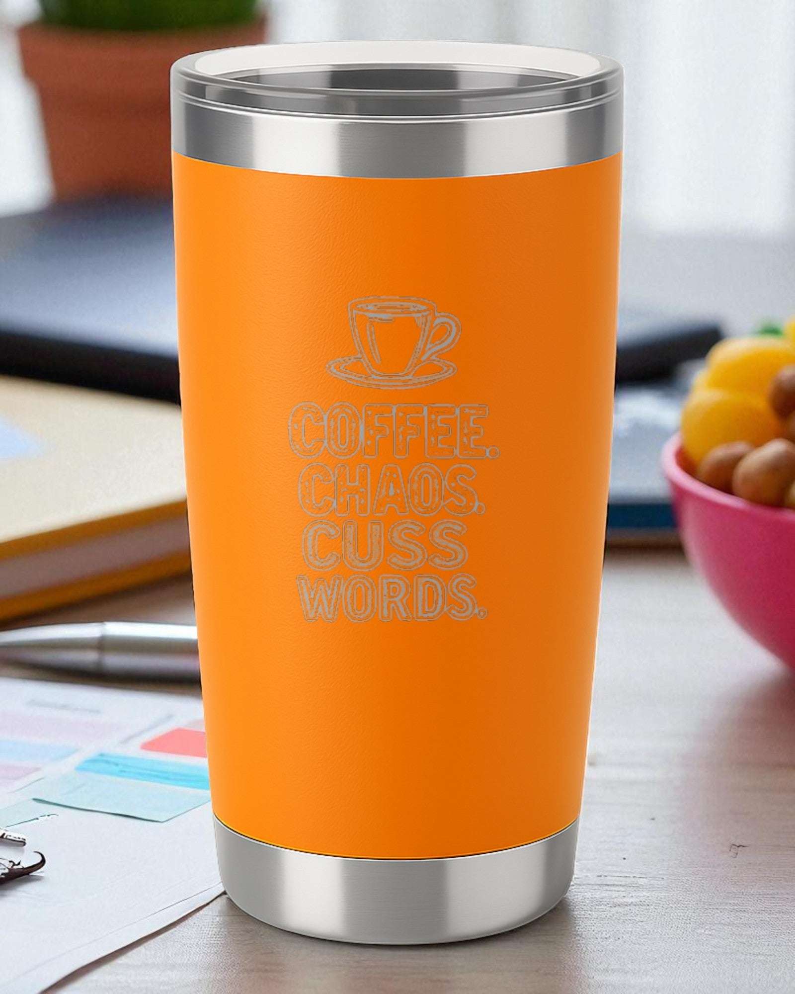 “Coffee. Chaos. Cuss Words.” – Chaotic Coffee Tumbler Ctrl-Alt-Engrave