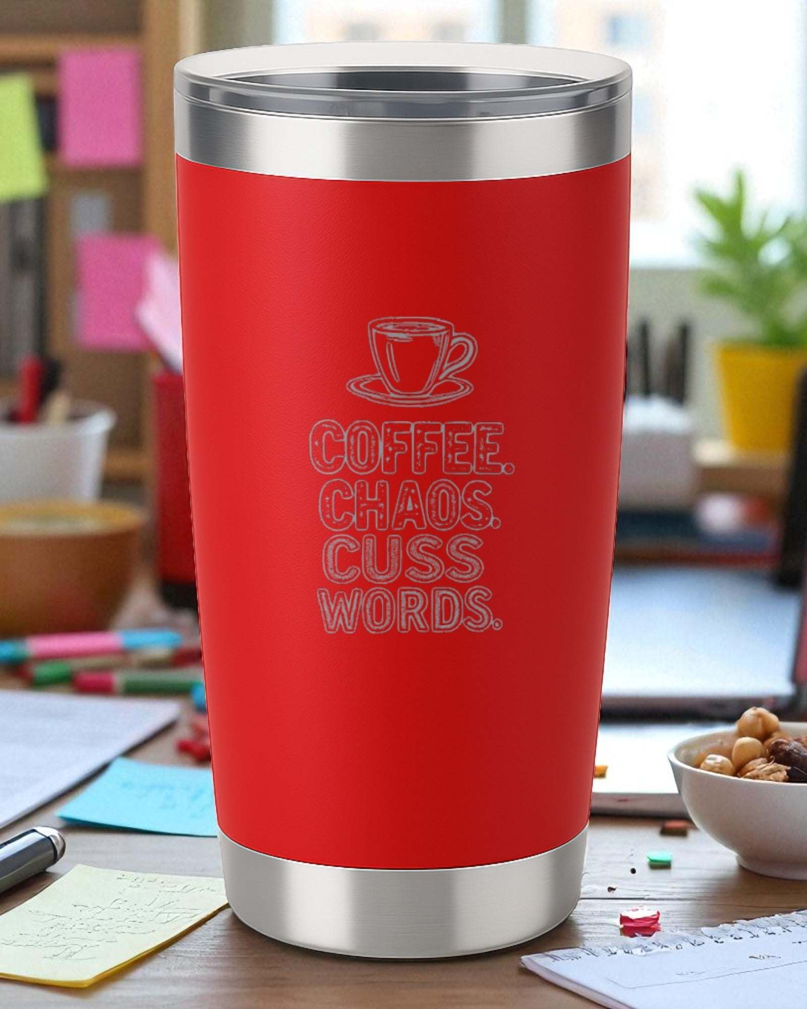 “Coffee. Chaos. Cuss Words.” – Chaotic Coffee Tumbler Ctrl-Alt-Engrave
